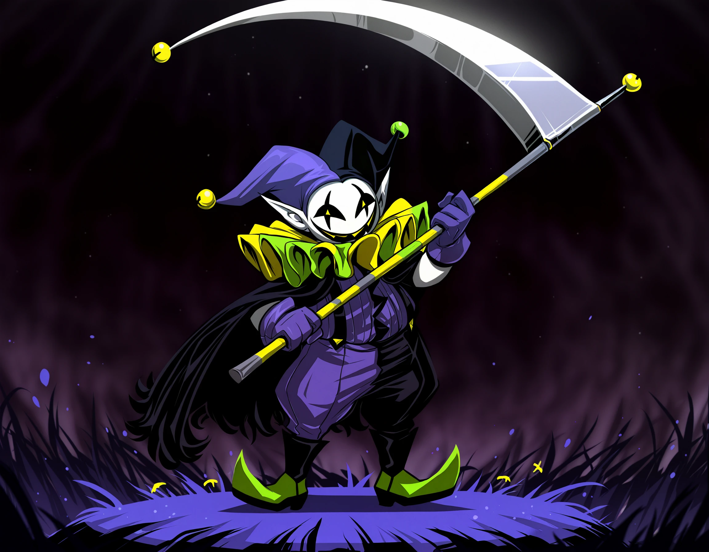 very awa, masterpiece, best quality, jevil, 1boy, holding scythe