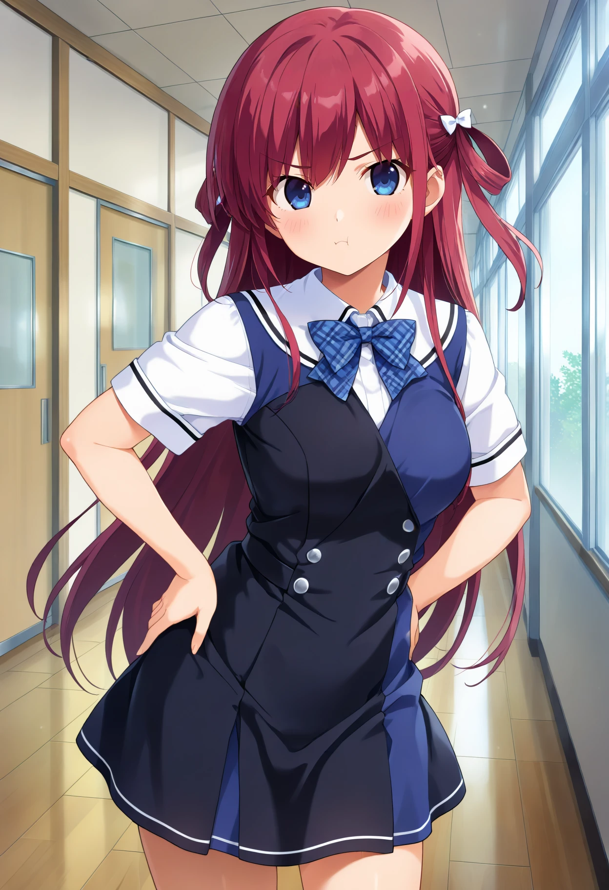 masterpiece, best quality, newest, absurdres, highres, 1girl, aaamane, long hair, red hair, hair rings, hair bow, blue eyes, breasts, school uniform, plaid bowtie, white shirt, black dress, blue dress, short sleeves, <lora:suou_amane_ilxl_vpred_v1:0.9>, standing, cowboy shot, indoors, room, pout, hands on own hips
