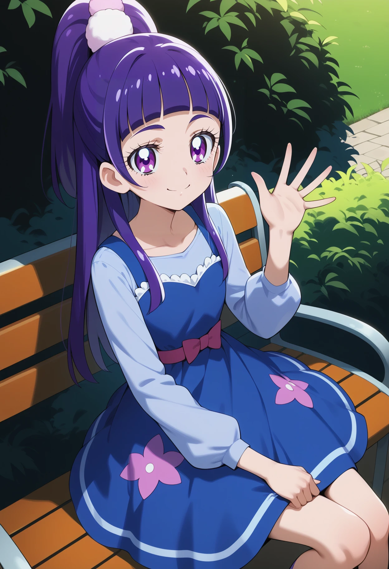 score_9, score_8_up, score_7_up, score_6_up, score_5_up, score_4_up, source_anime, aaliko, precure, long hair, purple hair, high ponytail, hair ornament, purple eyes, small breasts, blue shirt, pinafore dress, blue dress, long sleeves, <lora:izayoi_liko_ponyxl_v1:0.9>, sitting, waving, smile, bench, park,