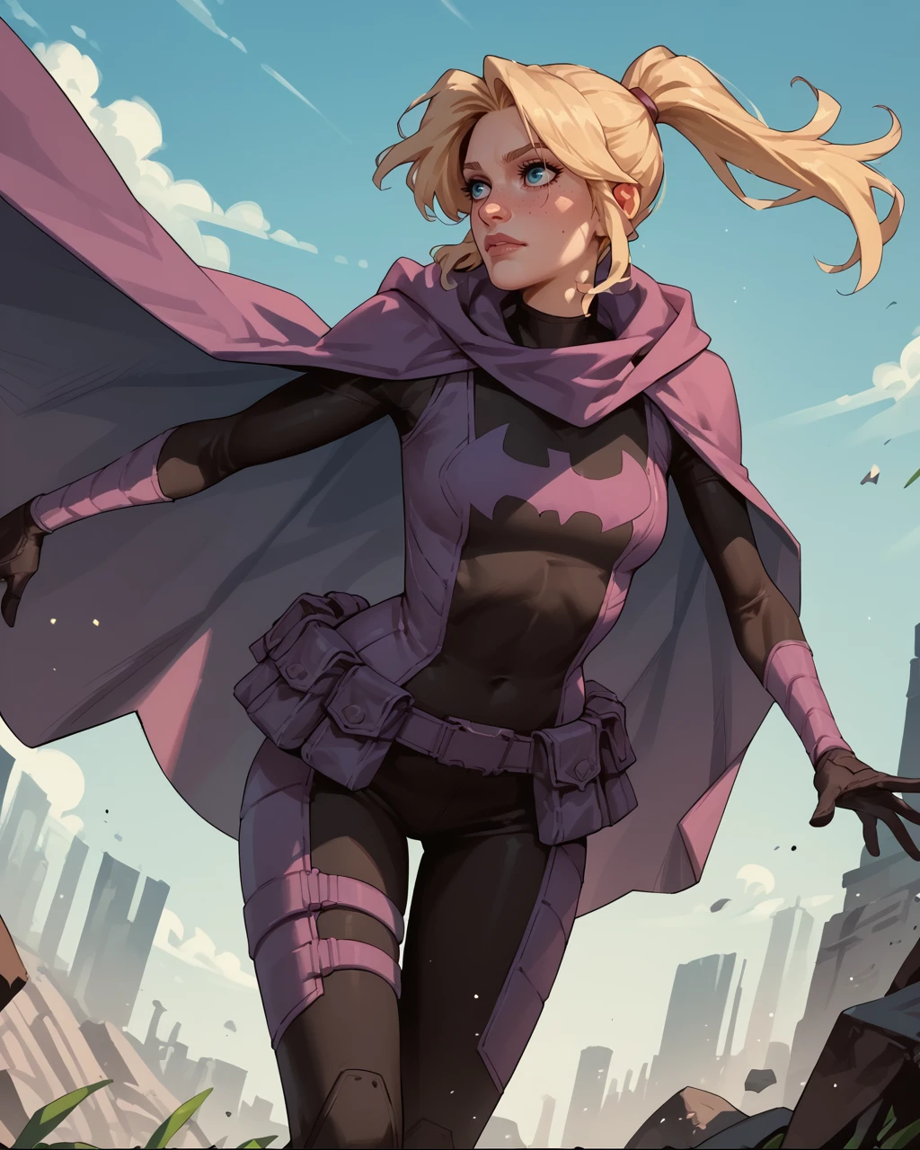 score_9, score_8_up, score_7_up, score_6_up, masterpiece, best quality, <lora:Batgirl_-_Stephanie_Brown_Pony:0.8> stephaniebrown, blonde hair, bodysuit, cape, hood down, ponytail,  belt pouch,   zPDXL3, zPDXLxxx,
