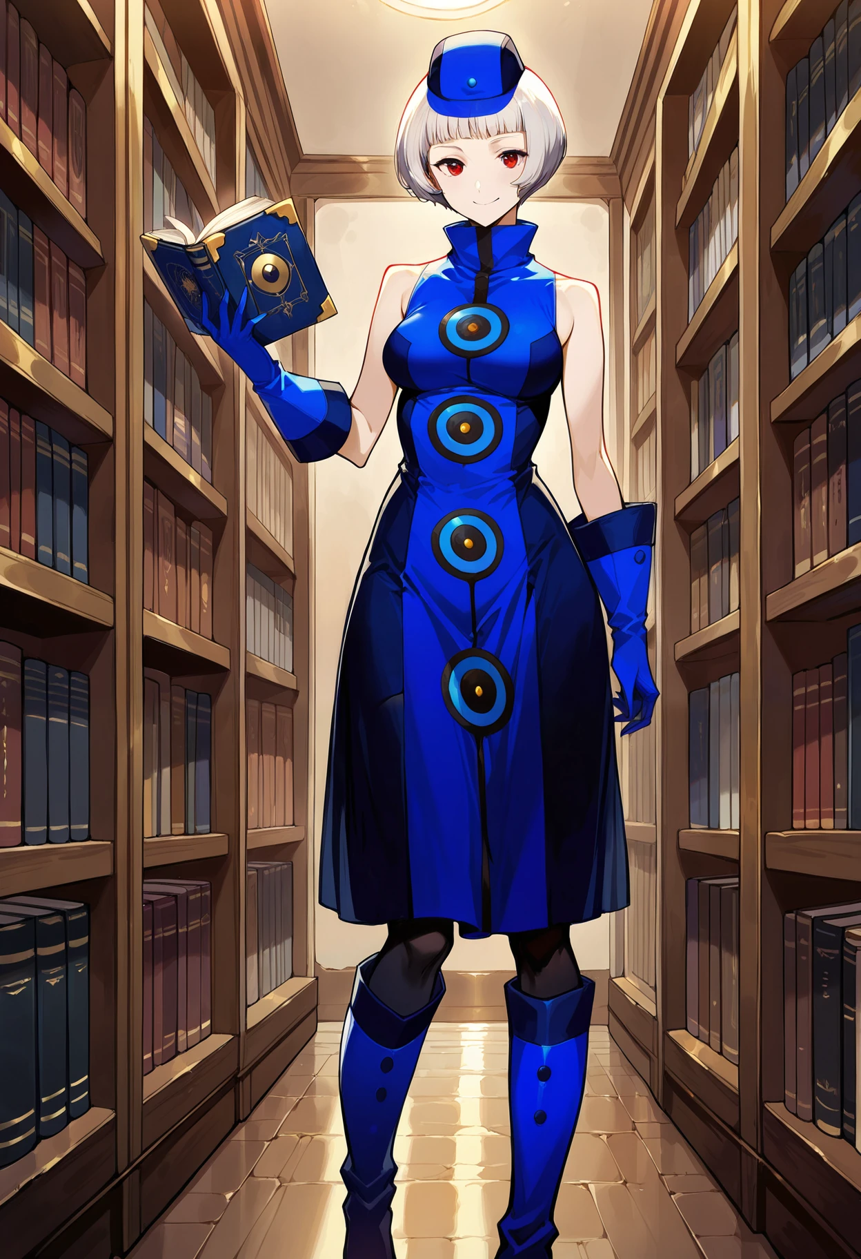 (masterwork, masterpiece, best quality, hyper-detailed :1.3),
1 girl, solo,
p3elizabeth, short hair, bob cut, white hair, blunt bangs,
p3elizabeth-dress, hat, sleeveless dress, blue dress, bare shoulders, gloves, blue gloves, pantyhose, black pantyhose, boots, blue footwear
library, holding book, book, grimoire,
looking at viewer, faint smile,