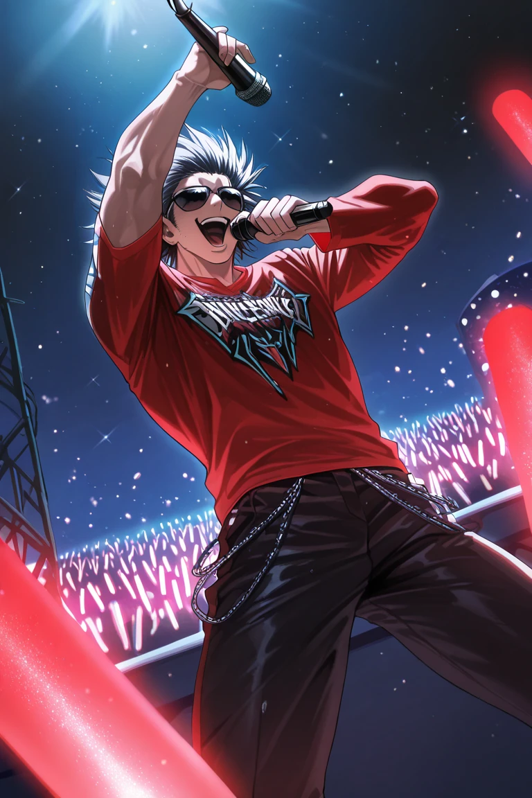 realistic shading, dimlighting, expressive happy face, male focus, uvoginhxh, blackish silver_uvoginhxh_spiked hair, covered eyes, sunglasses, 1boy, looking away, wide smile, open mouth, shiny skin, singing, one arm up, holding microphone, rockstar cosplay, pruplish red clothes, legs, night outdoors concert, dark environment, glowsticks, on stage, surreal, symbolic background, shadow, foreshortening, dutch angle, dynamic angle, dynamic action, atmospheric perspective, cinematic, intricately detailed illustration, depth of field, masterpiece, best quality, amazing quality, very aesthetic, absurdres, newest, anime screencap