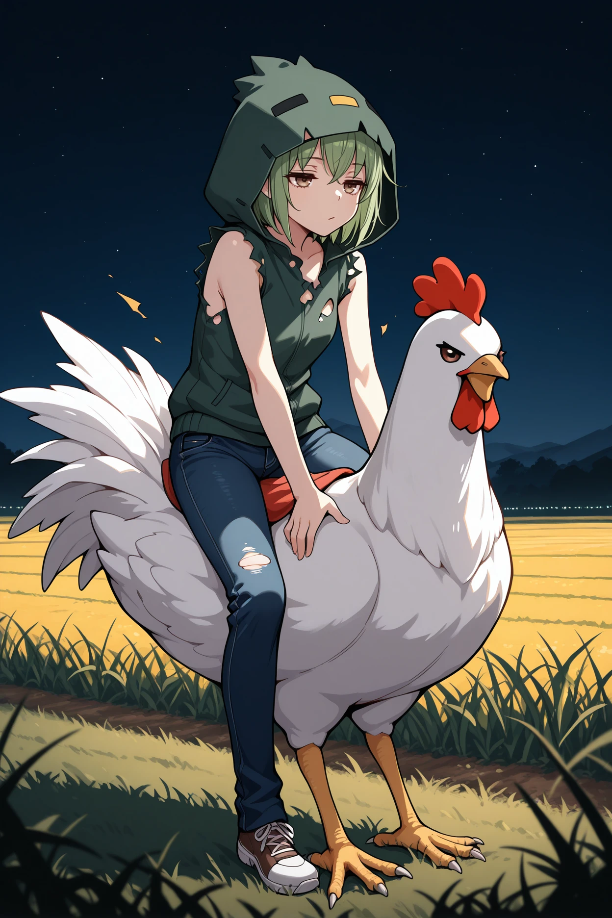 masterpiece, best quality, 1girl,  <lora:kwFemaleBeta42_SDXL_v1:1>, 
white, chinese, hen, cage, village, egg, cleavage, stomach tattoo, nipple piercing, waifu