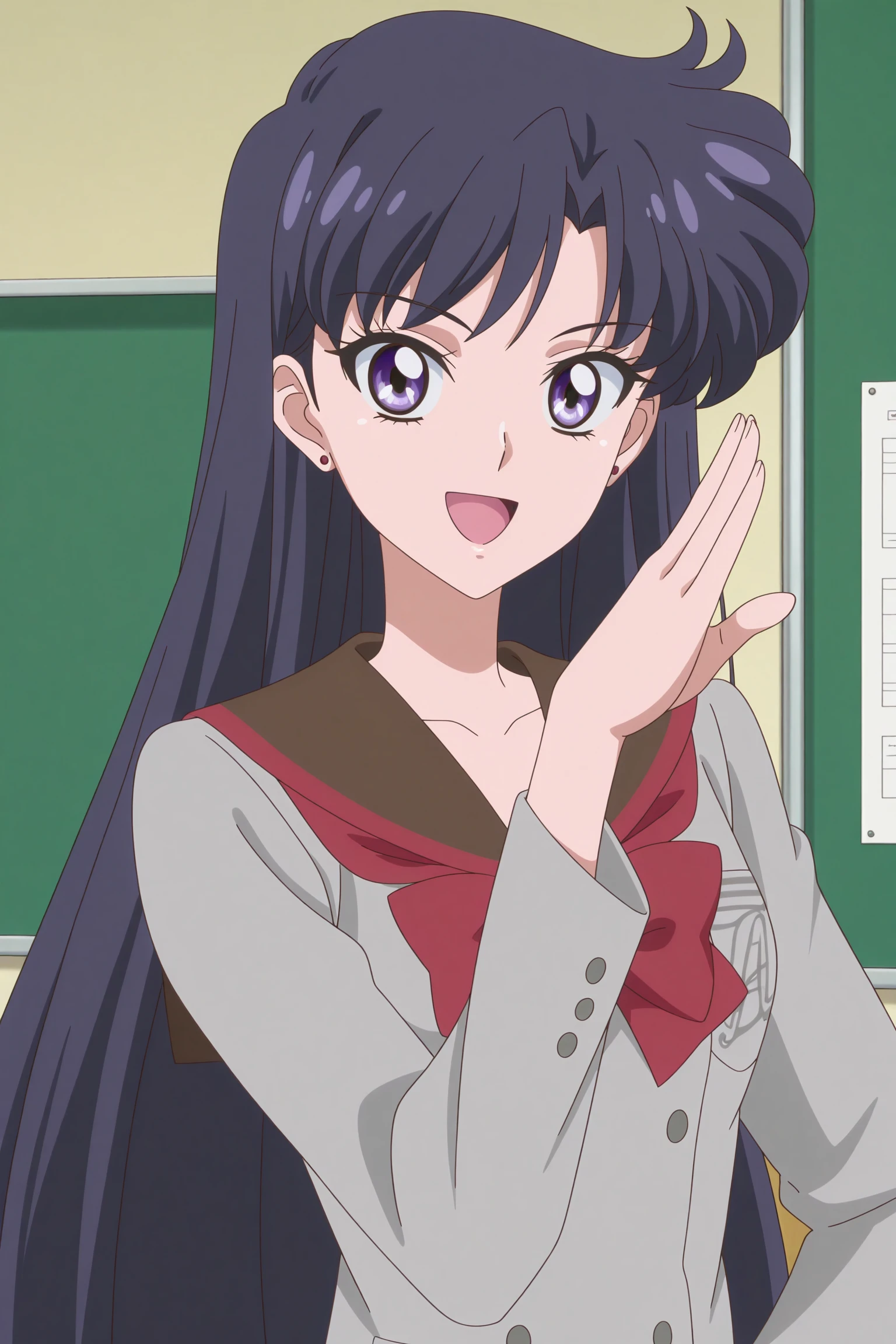 masterpiece, best quality, amazing quality, highres, absurdres, very aesthetic, high resolution, ultra detailed, perfect details, 1girl, solo, indoors, classroom, hino rei, long hair, purple hair, purple eyes, stud earrings, long sleeves, grey shirt, brown sailor collar, red bowtie, brown skirt, white socks, kneehighs, black footwear, strappy heels, <lora:Rei_Hino_ILXL:0.9>, (aged up:1.5), (upper body:1.5), smile, looking at viewer, (pose:1.3), (anime screencap:1.5), (anime coloring:1.5), open mouth