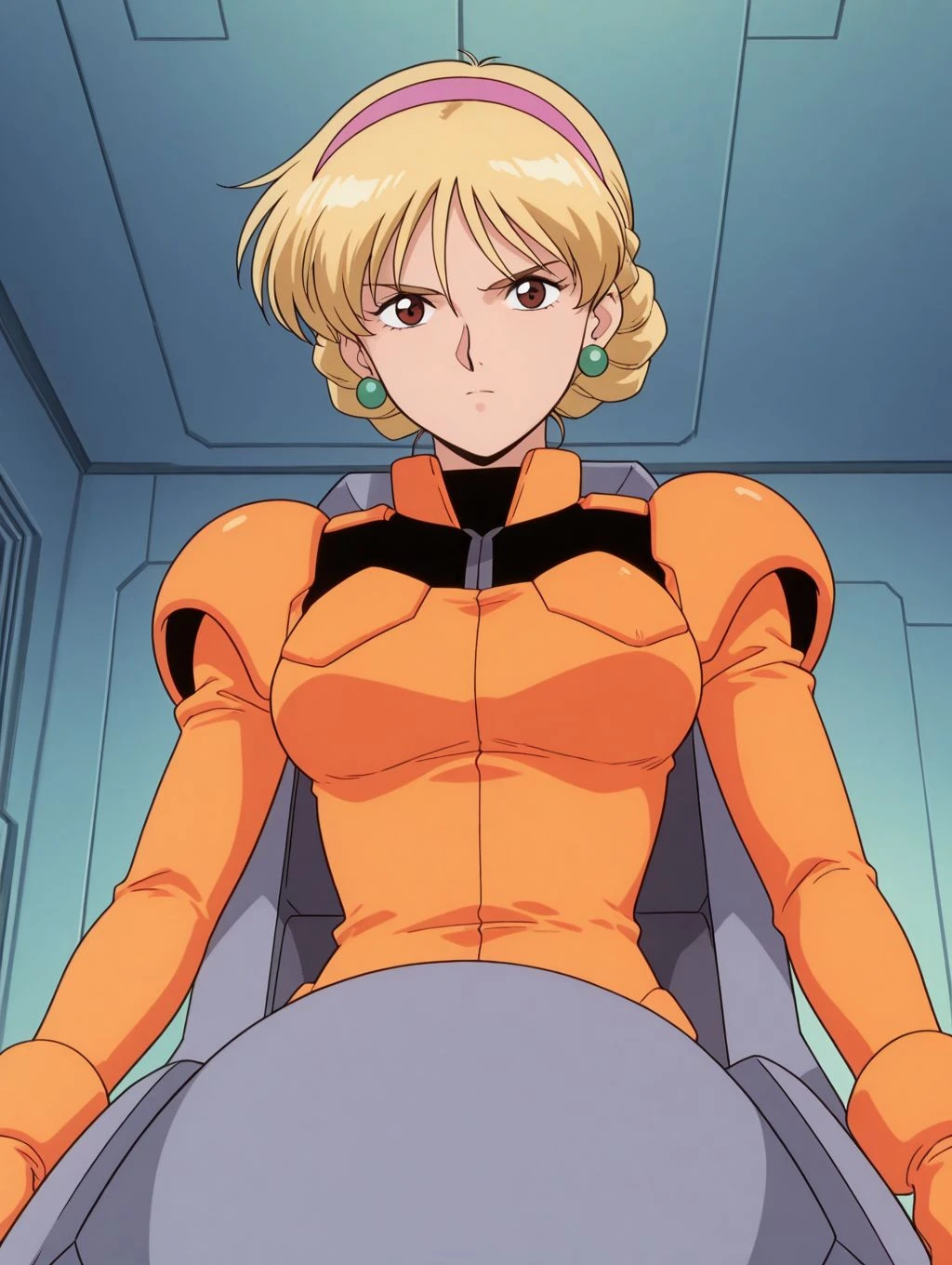 masterpiece, best quality, newest, absurdres, highres, detailed eyes, beautiful, detailed background, perfect eyes, anime coloring, anime screencap, 1990s \(style\), 1girl, solo, katejina loos. blonde hair, short hair, single bun, french braid, pink hairband, brown eyes, medium breasts, earrings, mecha pilot suit, orange bodysuit, long sleeves, orange gloves, looking at viewer, serious, (indoors) <lora:katejina_gdmv_pony-08:0.8>
