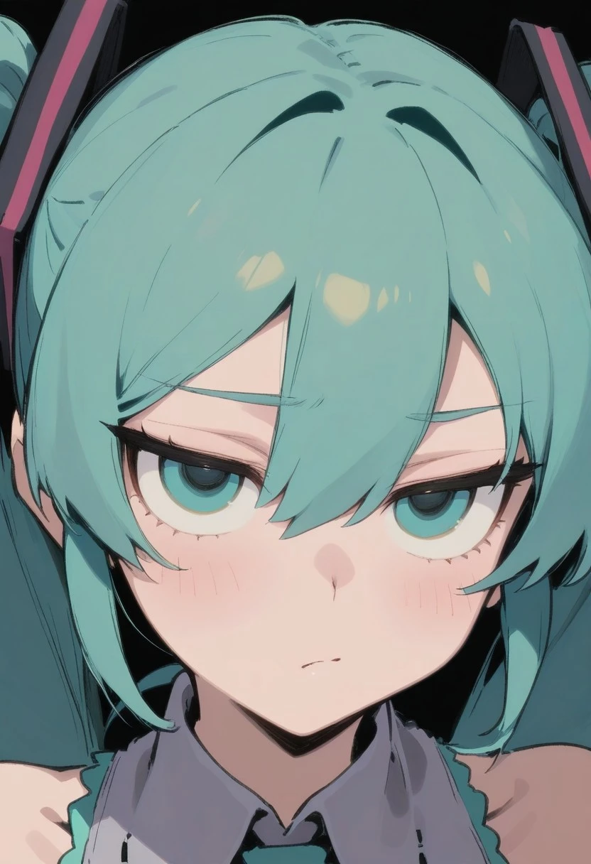 masterpiece, best quality, very aesthetic, high resolution, ultra-detailed, absurdres, newest, extremely detailed eyes, Little_netizen, disdainful eyes, 1girl, hatsune miku, close up, portrait