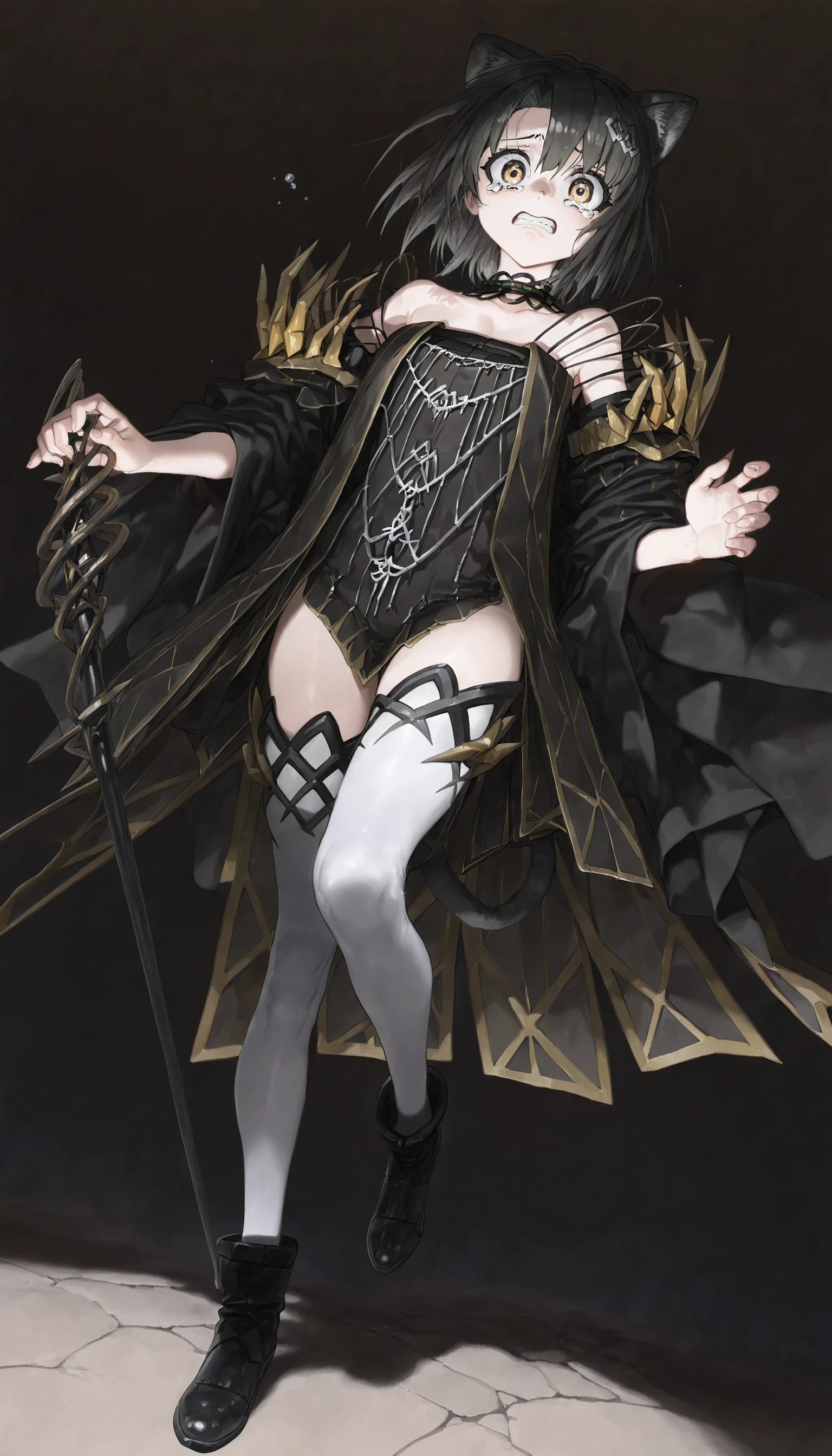 beautiful woman, white hair, short Cleopatra style hair, ((crew cut: 1)), light brown eyes, fair skin, ((muscular: 1)), female, 28 years old Wearing a black blouse, gold details, brown shawl leather, gray open-leg skirt, black boots, long black gloves, flies, insects, beetles, ants. dry leaves falling to the bottom, queen of the plague.