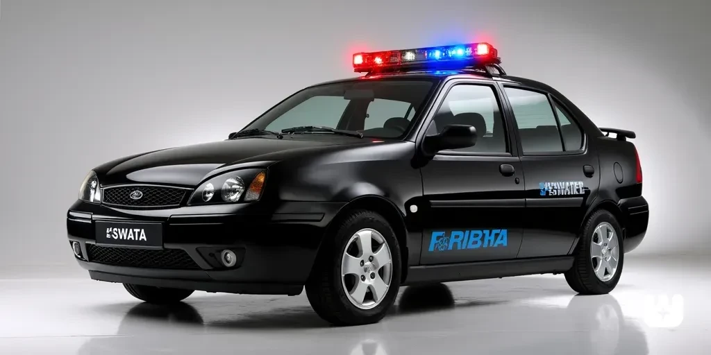 black 2004 Ford Fiesta S SWAT car with lightbar, silver background, silver studio background, publicity photo