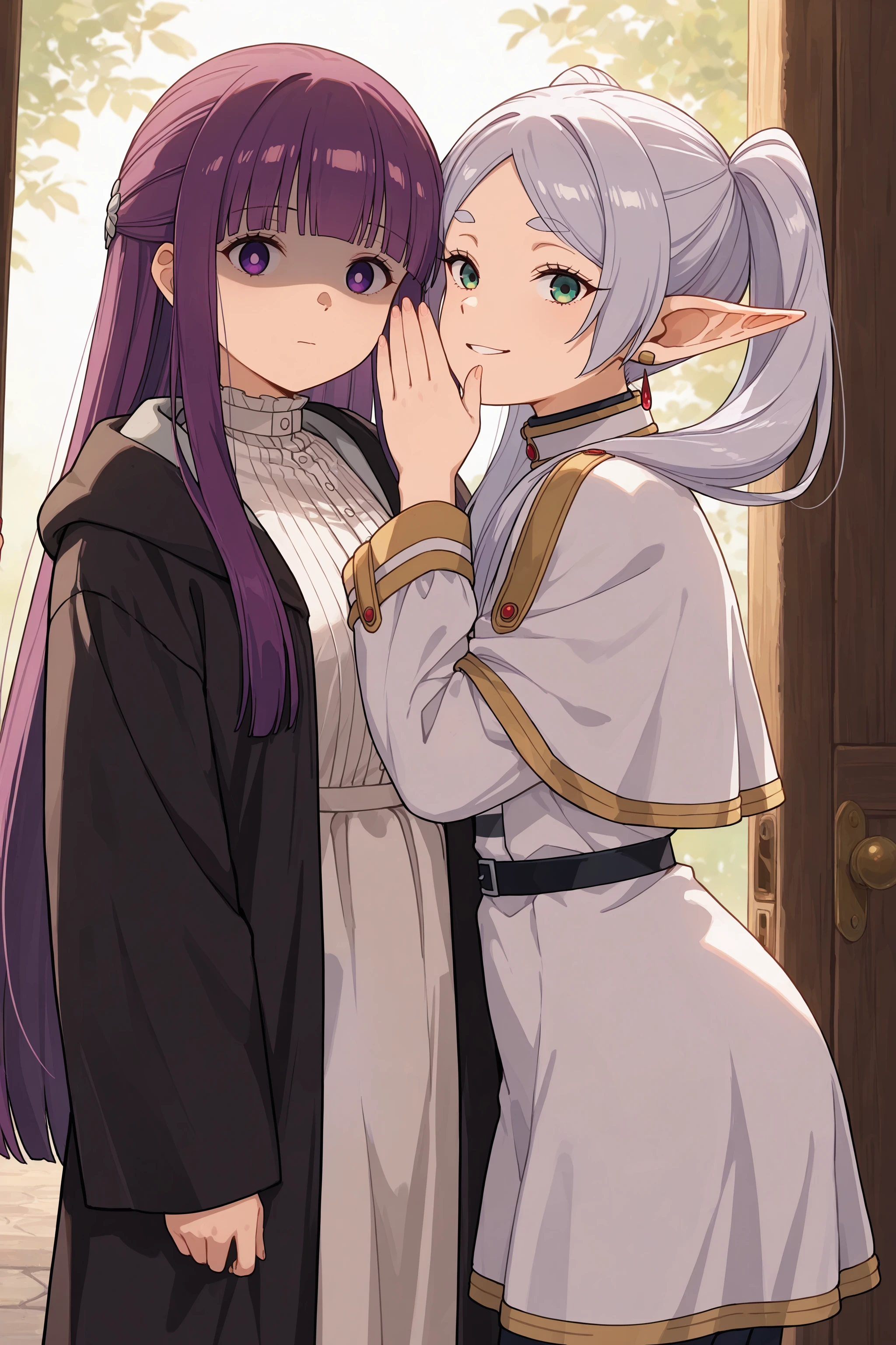 masterpiece, best quality, absurdres, safe
2girls, fern \(sousou no frieren\), whispering in ear
shaded face, looking at viewer, standing
BREAK
masterpiece, best quality, absurdres, safe
2girls, frieren, whispering in ear
evil smile, looking at viewer, standing
<lora:whispering_in_ear_il_2_right_to_left:1>