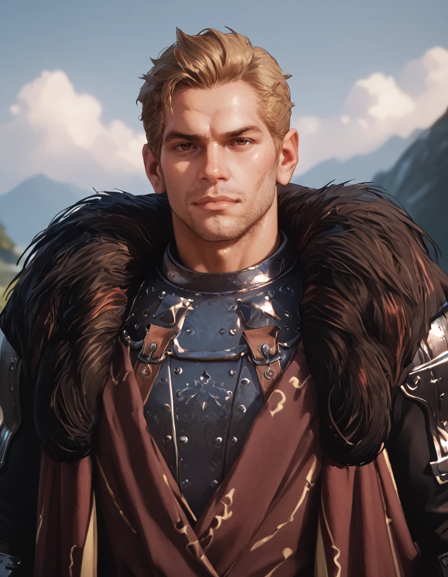 score_9, score_8_up, score_7_up, score_6_up, score_5_up, male focus, <lora:DAI_-_Cullen_-_Pony_4:0.8>, cullen_rutherford, brown eyes, 1boy, fur-trimmed cloak, pauldrons, breastplate, upper body, looking at viewer, outdoors, muscular