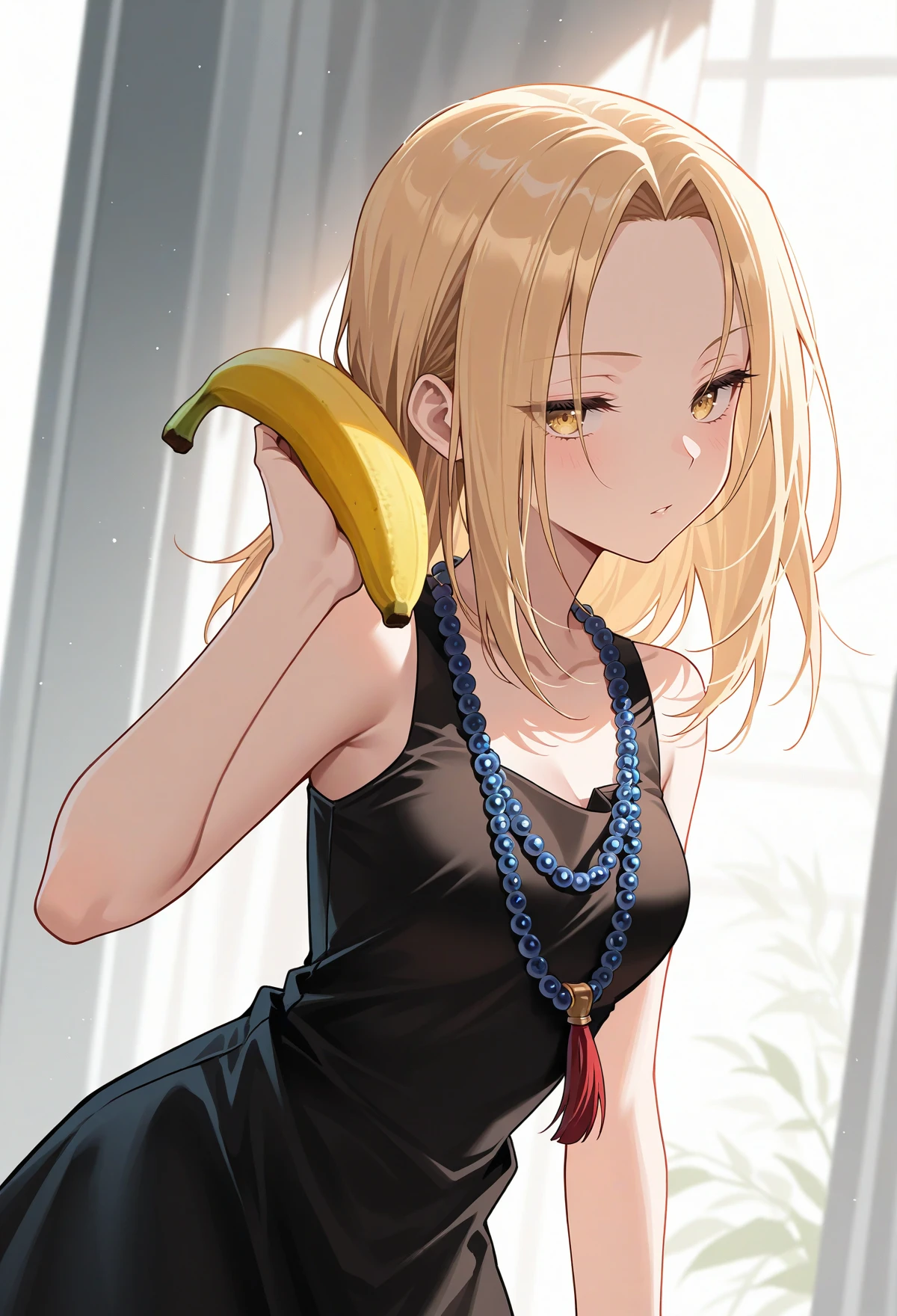 masterpiece, best quality, high quality, anime, solo,
<lora:AEAnna:1> AEAnna, yellow eyes, blonde hair, parted bangs, forehead, bead necklace, black dress, sleeveless dress, banana against ear,