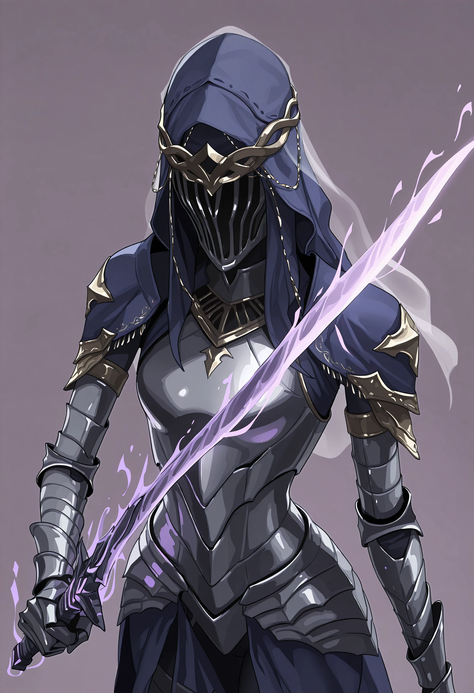 masterpiece, best quality, amazing quality, very aesthetic, absurdres, newest, <lora:DancerDS3ILf:0.9> dbvilf, 1girl, armor, shoulder armor, gauntlets, veil, blue hood, colored skin, long limbs, upper body, from above, sword, holding weapon, holding, flaming sword, holding sword, glowing sword,
light purple background, simple background,