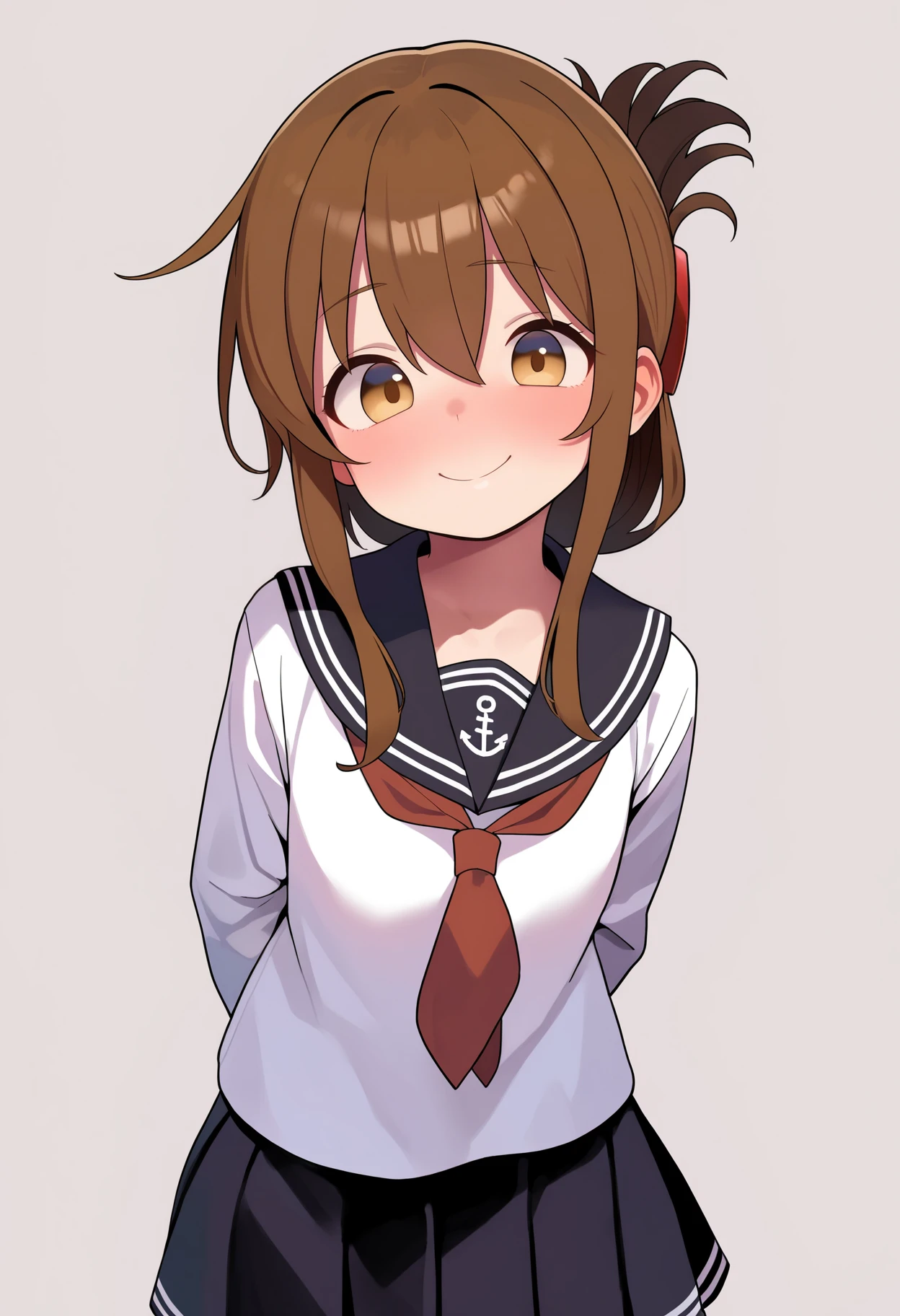 best quality, amazing quality, very aesthetic, absurdres,
1girl, inazuma \(kancolle\), brown hair, folded ponytail, long hair, brown eyes,
anchor symbol, black sailor collar, long sleeves, neckerchief, school uniform, serafuku, pleated black skirt,
hands behind back, smile, upper body, looking at viewer, solo, (simple background, white background:1.3), <lora:InazumaNoobXL_byKonan:1>