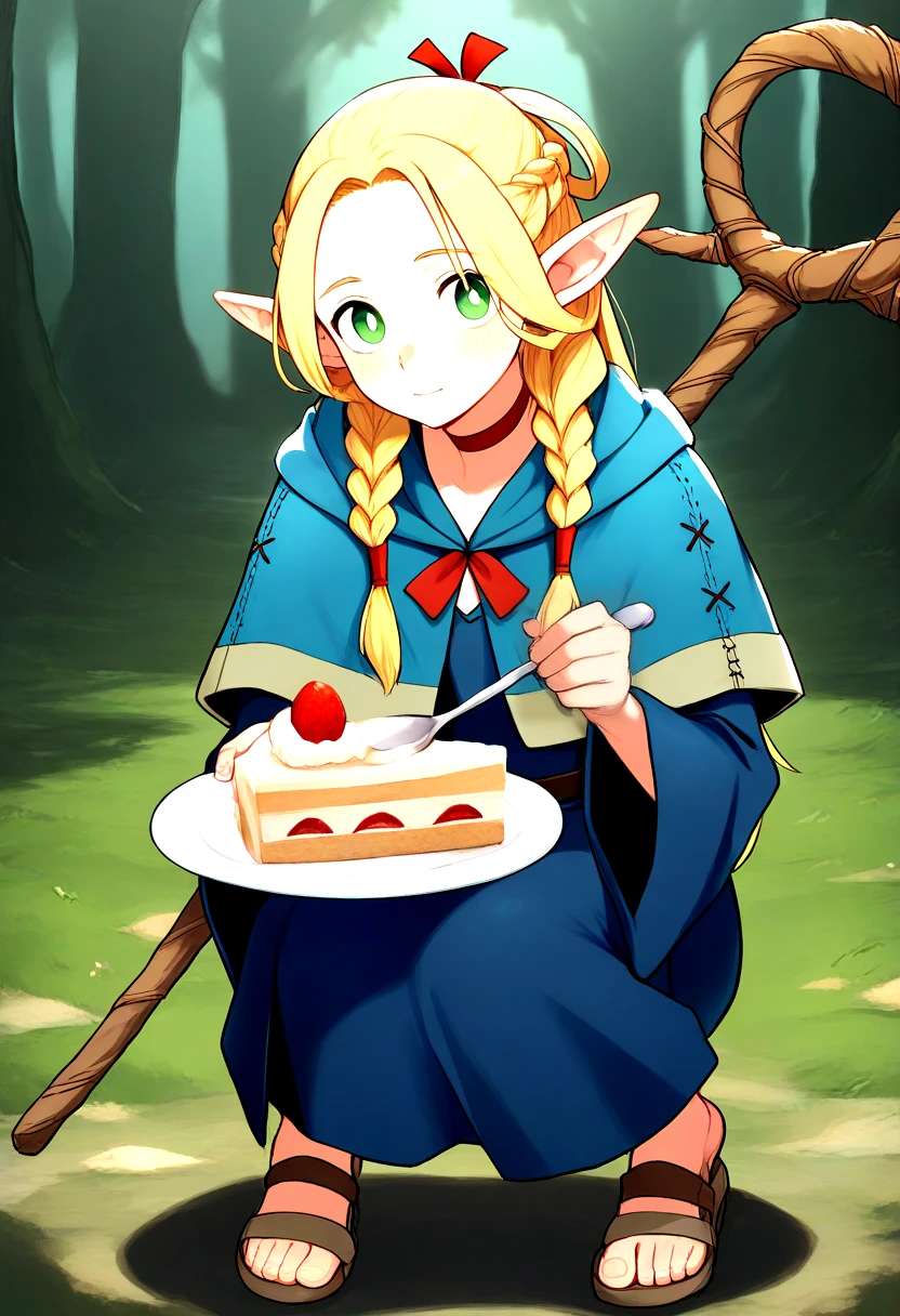masterpiece,best quality,amazing quality,absurdres,<lora:marcille_donato_dungeon_meshi_illustrious:0.8>,marcille_donato_dungeon_meshi_illustrious,1girl,ambrosia \(dungeon meshi\),blonde hair,blue capelet,blue robe,braid,cake,cake slice,capelet,choker,elf,food,grass,green eyes,holding,holding plate,holding spoon,long hair,moss,outdoors,plate,pointy ears,red choker,robe,sandals,solo,spoon,squatting,staff,toenails,toes,tree,twin braids,