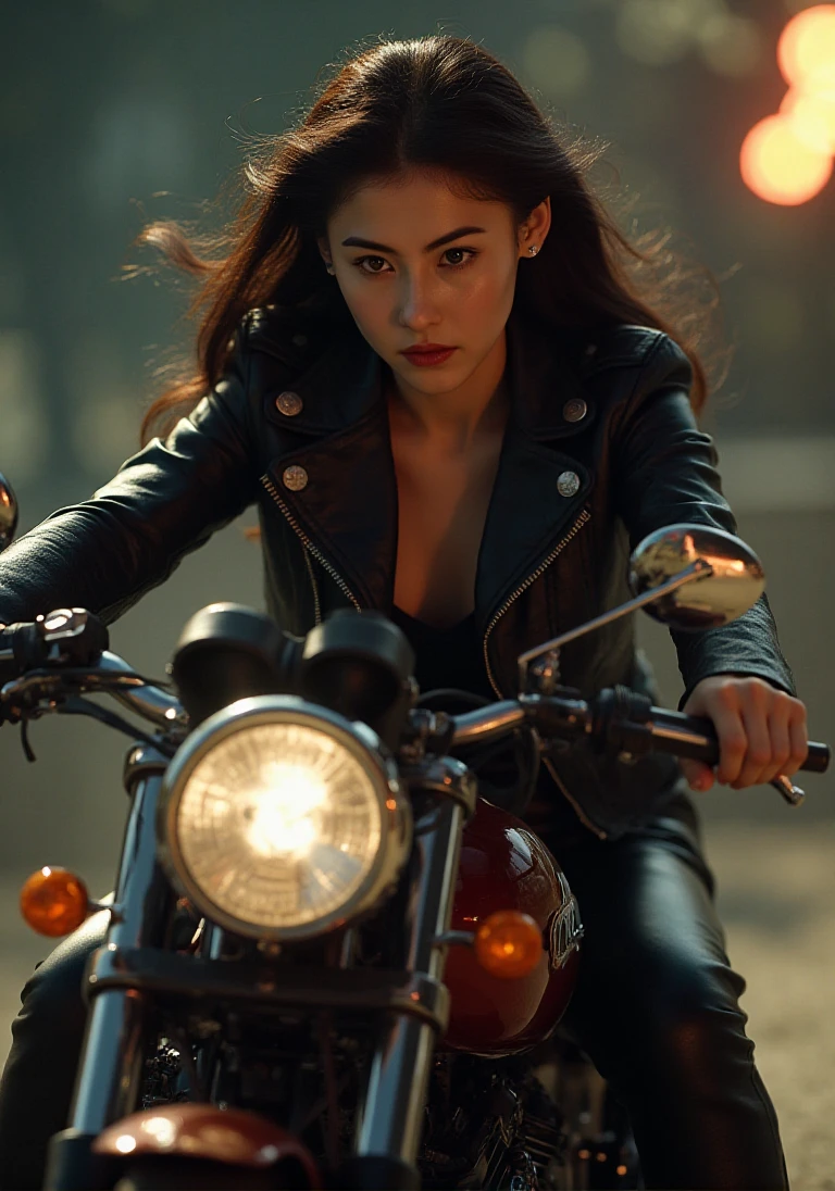 There are wonderful studio lights and various reflections,
girl her face is very delicate,skin naturally showing the texture of blood vessels and detailed pale skin,
<lora:zhangbz_f1_epoch_6:1>,A sexy woman in leather on a speeding motorcycle, in one hand she is holding out an uzi and firing ahead, epic action scene, one tough babe looking hot on the awesome machine,