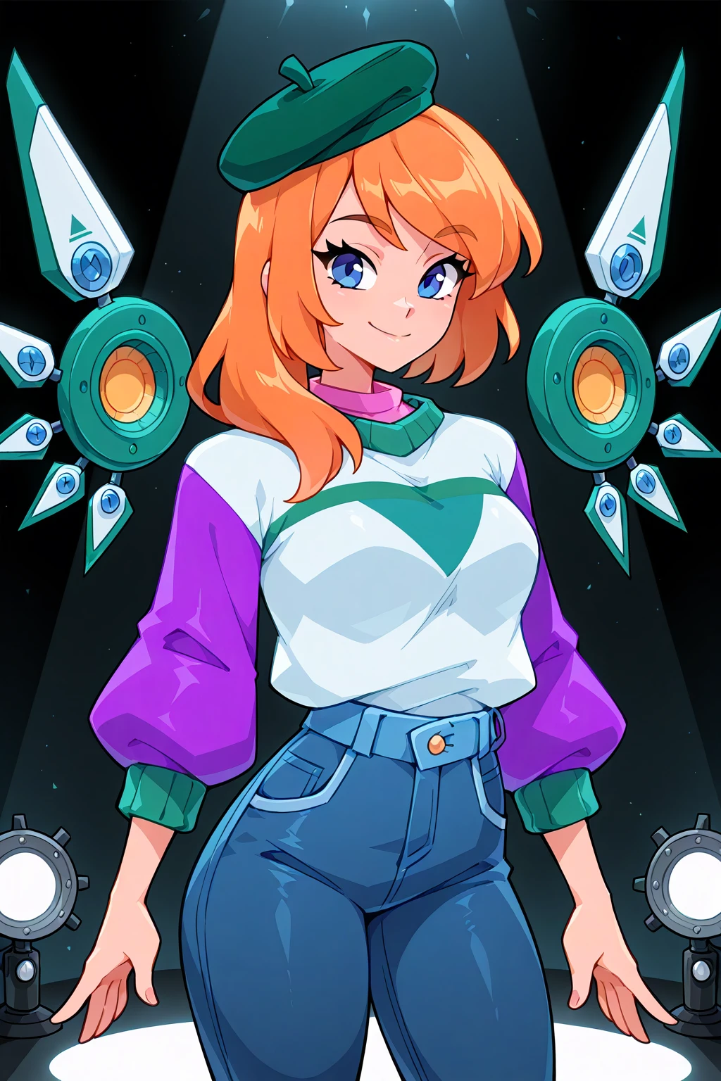 <lora:Kayleigh Illustrious:0.6>, kayleigh, looking at viewer, smile, closed mouth, medium breasts, white sweater, pink shirt, shirt under sweater, purple sleeves, beret, jeans, green headwear, stage, sweater tucked in, 1girl, solo, spotlight, mechanical wings, (spot color)