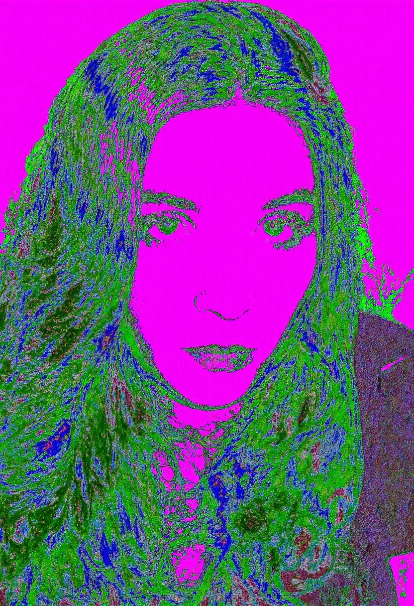 Circuit-bent/glitch art photograph showing close-up of a woman's face with long hair, neutral expression, head-on pose, bright magenta background, extreme distortion effects, neon green and blue color shifts, intricate patterned glitches, noticeable digital corruption level,