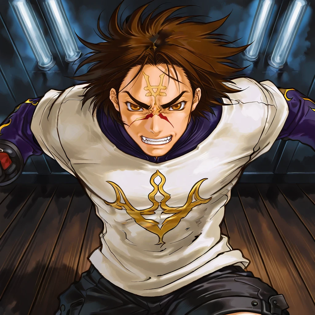 masterpiece,best quality, very aesthetic, absurdres, amazing quality, high resolution, ultra-detailed, absurdres, volumetric lighting, newest, charging_forward, incoming_attack, foreshortening, looking_at_viewer, toned, from_above, simple_background, white_background,
<lora:Kita_Senri_-__Art_Style:1> Kita,kita senri,BREAK
<lora:Yugo_The_Wolf__Bloody_Roar:1> Yugo, brown eyes, official style, Scare center on forehead,long sleeves, gloves, upper body, , black shorts,messy hair,