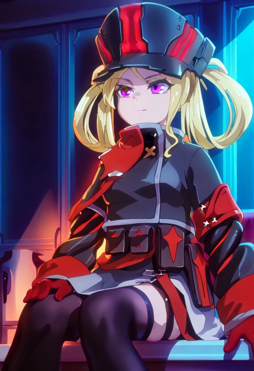 masterpiece, best quality, at room, indoor, at night, moonlight,von Asam, female, hat, blonde hair, short hair, purple eyes, military uniform, red gloves, miniskirt, pouch, black stockings,sitting