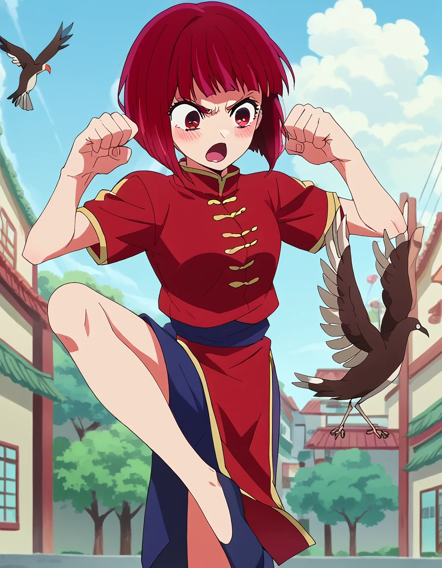 score_9, score_8_up, score_7_up, source_anime, <lora:kana-arima-s1-ponyxl-lora-nochekaiser:1>, kana arima, short hair, bangs, red eyes, red hair, bob cut, anime screencap, <lora:crane-stance-ponyxl-lora-nochekaiser:1>, crane stance, fighting stance, closed mouth, leg up, standing, standing on one leg, looking to the side, hands up, open mouth, blush, solo, <lora:tangzhuang-ponyxl-lora-nochekaiser:1>, tangzhuang, chinese clothes, pelvinc curtain,,