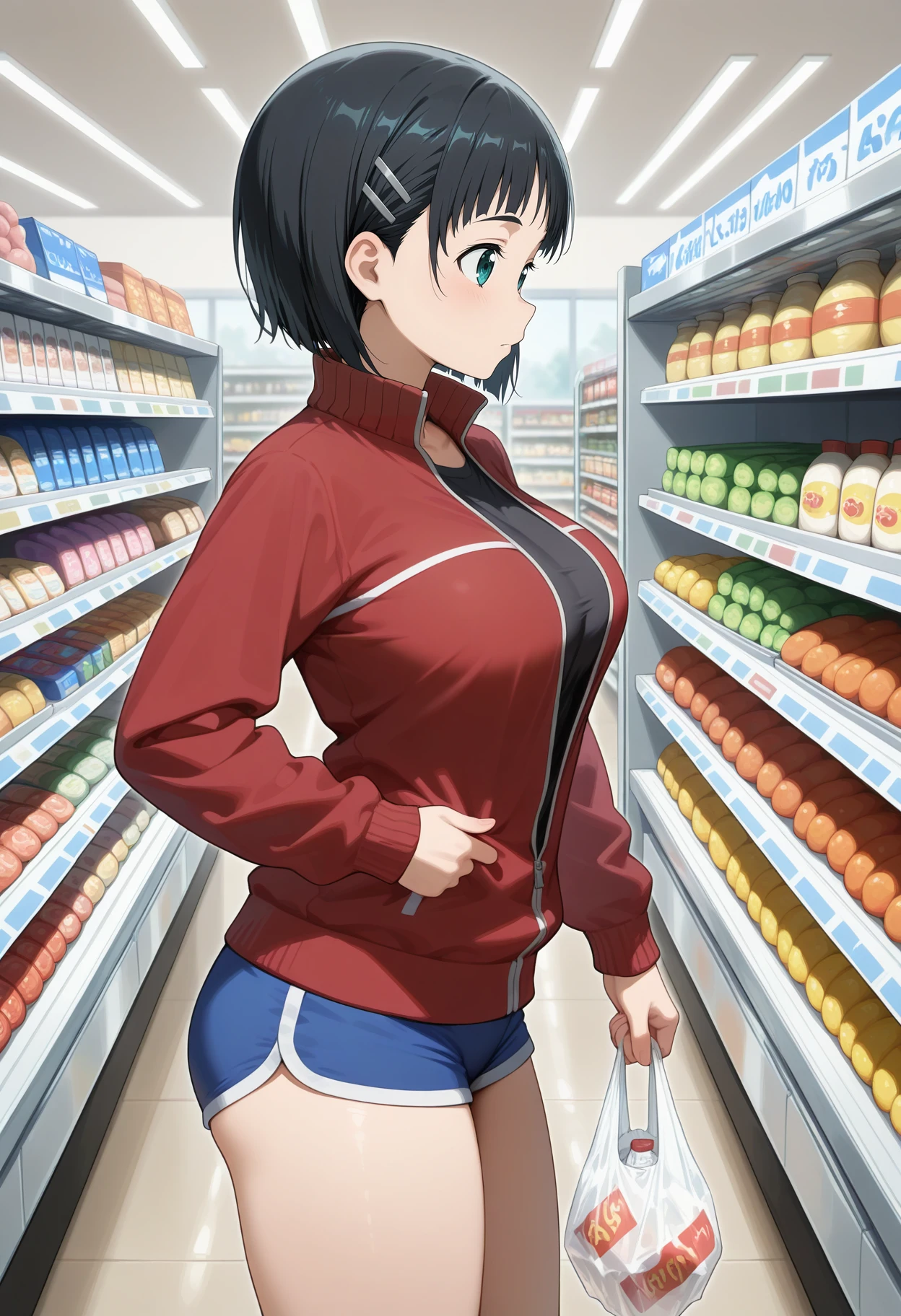 best quality, good quality, amazing quality, very aesthetic, absurdres, masterpiece, 1girl, aasuguha, short hair, black hair, hairclip, green eyes, breasts, black shirt, track jacket, red jacket, long sleeves, partially unzipped, short shorts, blue shorts, <lora:kirigaya_suguha_ilxl_v1:1>, standing, cowboy shot, supermarket, from side, plastic bag,