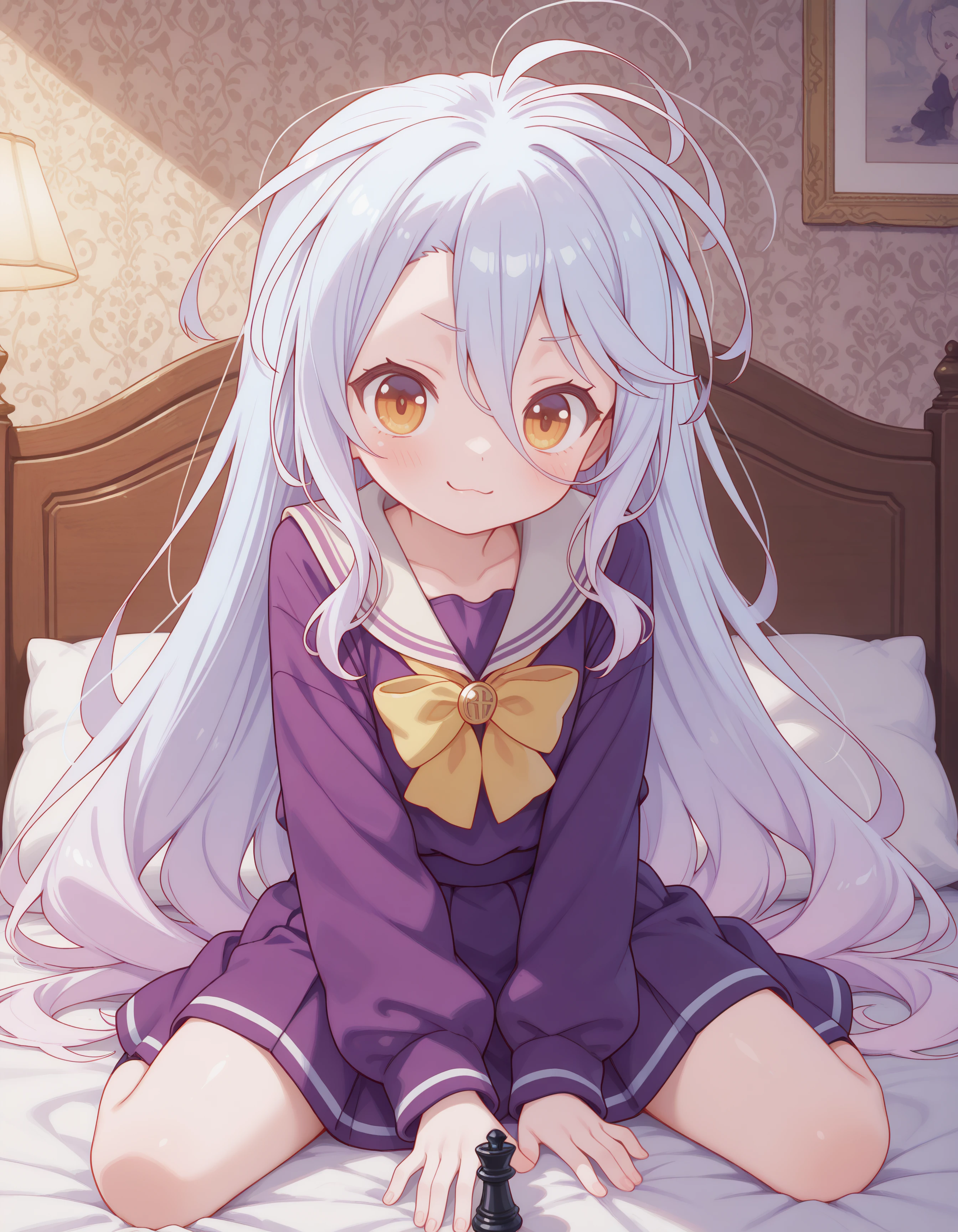 1girl, shiro_ngnl, pale skin, very long messy white hair, pale blue hair, yellow red eyes, purple sailor uniform, holding a chess piece, sitting on bed, smirking, proud, (clothed, ultra kawaii), hdr, low contrast, chess piece,
masterpiece, best quality, absurdres, masterpiece, highres, perfect anatomy, anime style, anime screenshot, 8k wallpaper, ultra high quality, (extremely detailed cg), perfect lighting, (sharp image), dynamic angle