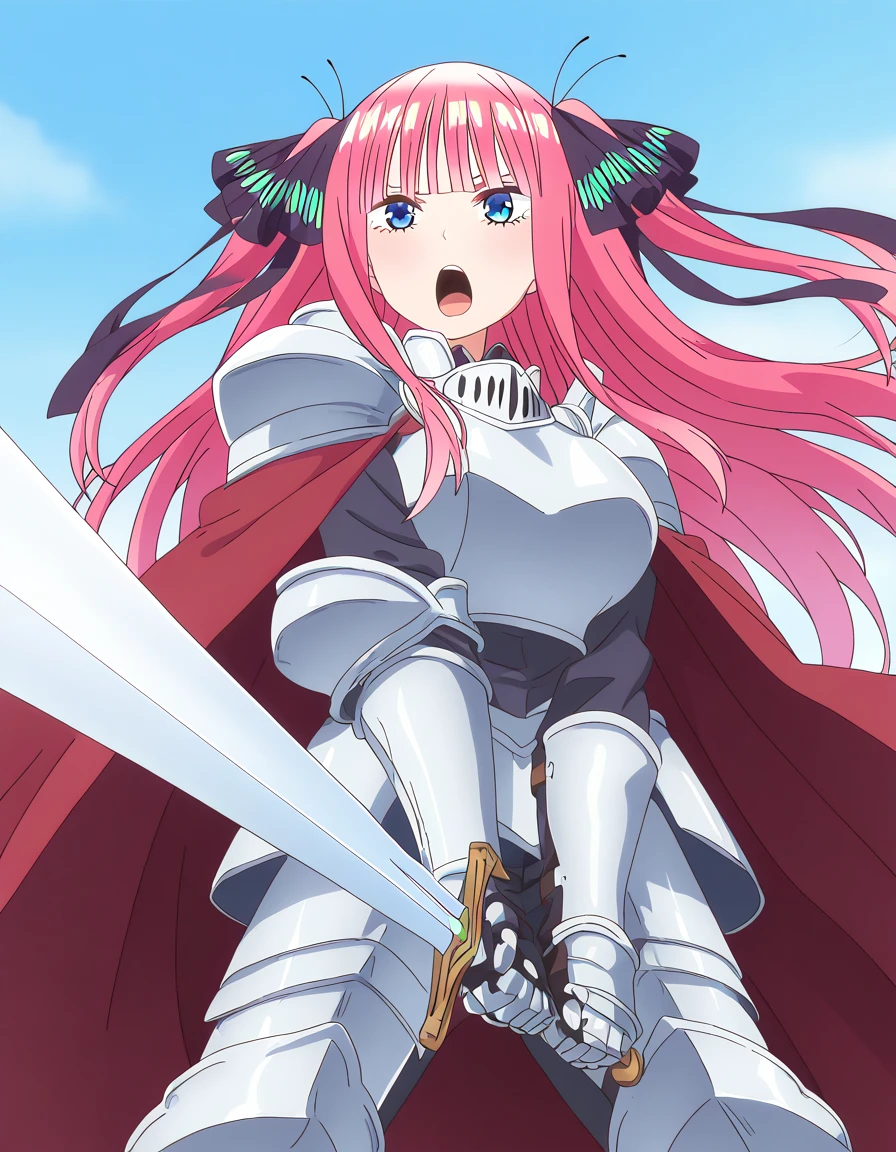 masterpiece, best quality, newest, absurdres, highres, safe,, <lora:nino-nakano-s1-ponyxl-lora-nochekaiser:1>, nino nakano, long hair, bangs, blue eyes, hair ornament, hair ribbon, pink hair, blunt bangs, two side up, butterfly hair ornament, large breasts, anime screencap, <lora:sunrise-stance-illustriousxl-lora-nochekaiser:1>, sunrise stance, weapon, sword, solo, open mouth, holding weapon, holding, holding sword, <lora:knight-ponyxl-lora-nochekaiser:1>, knight, armor, cape, shoulder armor, gauntlets, helmet, pauldrons, red cape,, ,