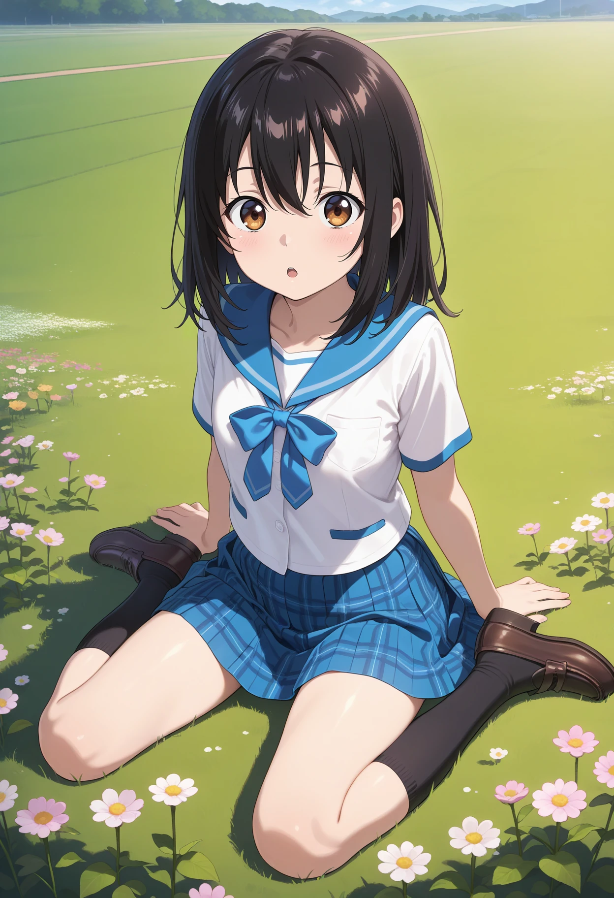 best quality, good quality, amazing quality, very aesthetic, absurdres, masterpiece, 1girl, aayukina, medium hair, black hair, brown eyes, school uniform, blue sailor collar, blue bow, white shirt, short sleeves, plaid skirt, blue skirt, <lora:himeragi_yukina_ilxl_v1:0.9>, wariza, field, :o, black socks, loafers,