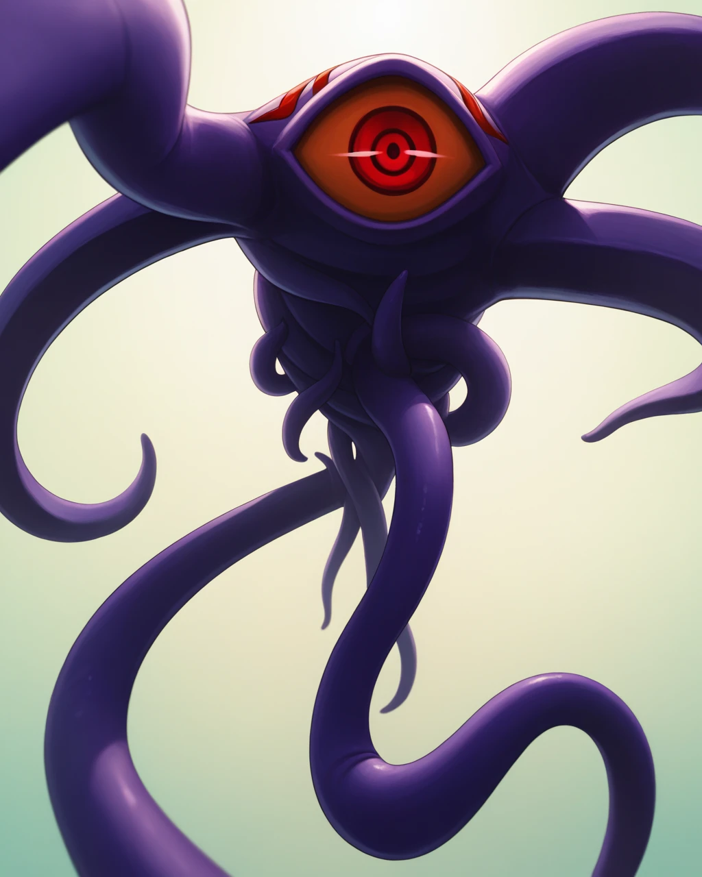 (No humans)、An alien tentacle creature with tentacles branching out from a central body with a single large eye、From below