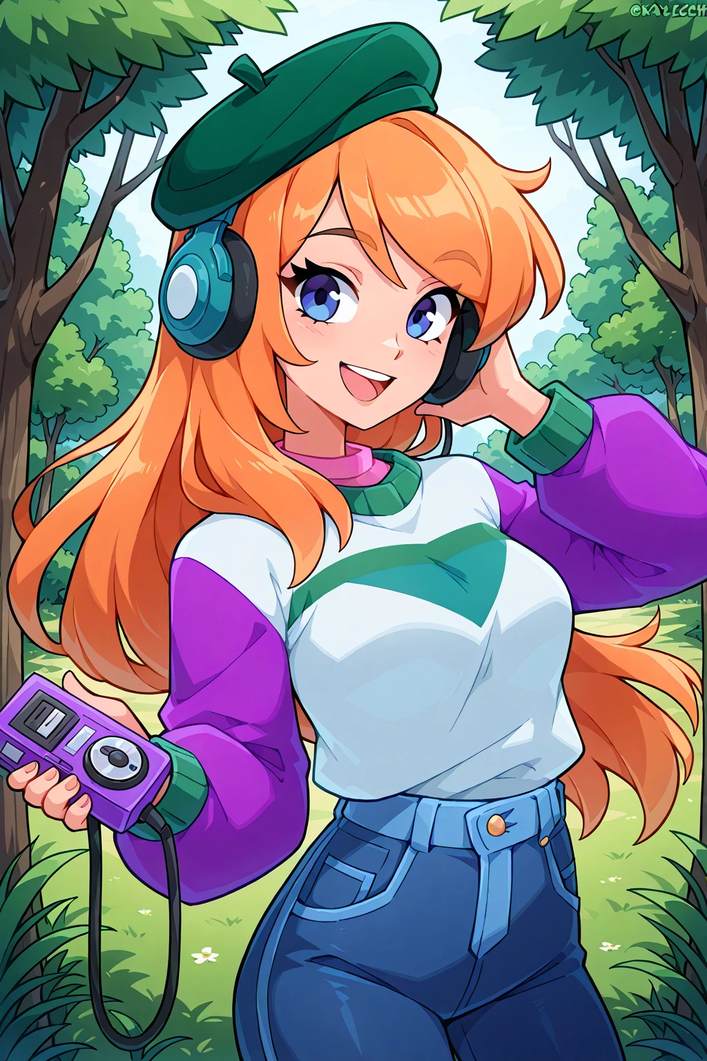 <lora:Kayleigh Illustrious:0.6>, kayleigh, looking at viewer, smile, :d, medium breasts, white sweater, pink shirt, shirt under sweater, purple sleeves, beret, jeans, green headwear, outdoors, sweater tucked in, 1girl, solo, nature, headphones, hand on headphones, holding, audio cable, cassette player