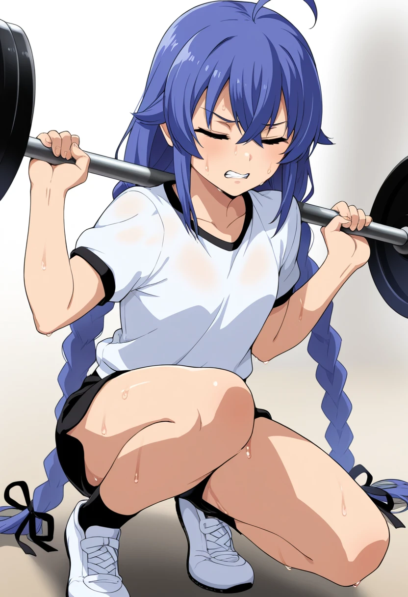 roxy migurdia, 1girl, solo, long hair, shirt, hair between eyes, very long hair, blue hair, collarbone, white shirt, closed eyes, ahoge, braid, short sleeves, sweat, teeth, shorts, shoes, twin braids, black shorts, squatting, clenched teeth, crossed bangs, gym uniform, gym shirt, gym shorts, exercise, weightlifting