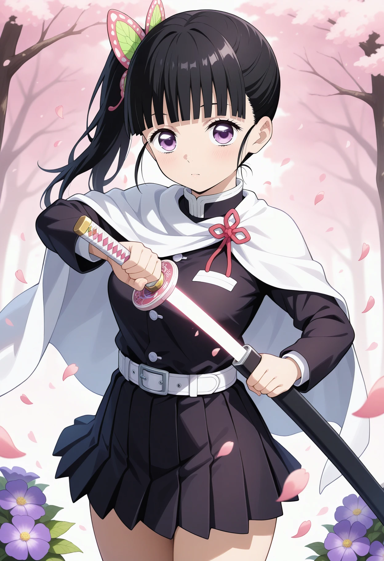 best quality, good quality, amazing quality, very aesthetic, absurdres, masterpiece, 1girl, aakanao, long hair, black hair, side ponytail, hair ornament, blunt bangs, purple eyes, medium breasts, white cape, black shirt, long sleeves, white belt, pleated skirt, black skirt, <lora:tsuyuri_kanao_ilxl_v1:1>, standing, cowboy shot, looking at viewer, holding sword, katana, (unsheathing:1.2), fighting stance, purple flower, petals,