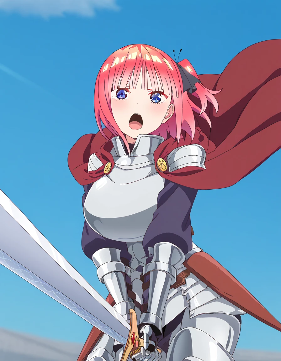 masterpiece, best quality, newest, absurdres, highres, safe,, <lora:nino-nakano-honeymoon-ponyxl-lora-nochekaiser:1>, nino nakano, short hair, bangs, blue eyes, large breasts, pink hair, blunt bangs, side ponytail, one side up, anime screencap, <lora:sunrise-stance-illustriousxl-lora-nochekaiser:1>, sunrise stance, weapon, sword, solo, open mouth, holding weapon, holding, holding sword, <lora:knight-ponyxl-lora-nochekaiser:1>, knight, armor, cape, shoulder armor, gauntlets, helmet, pauldrons, red cape,, ,