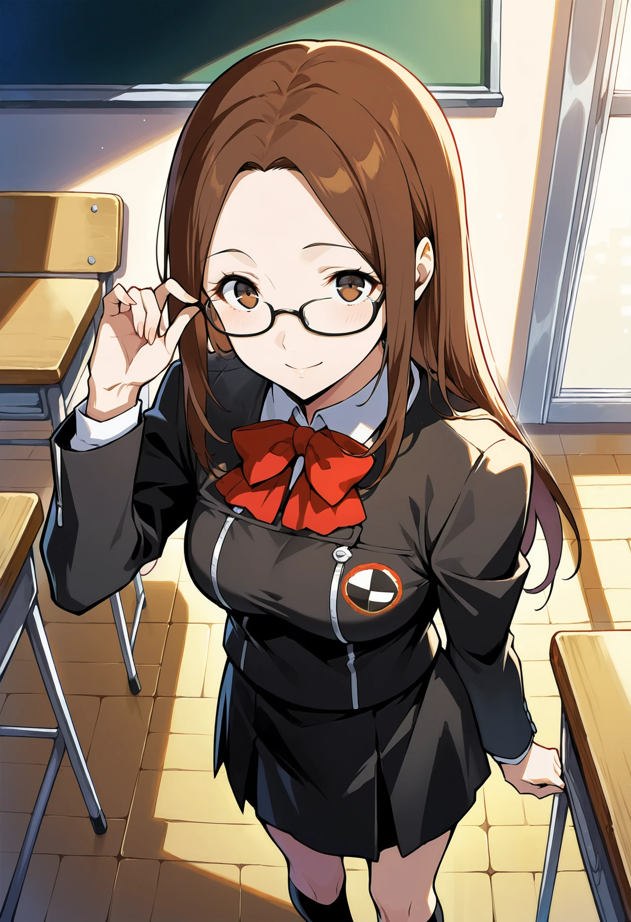 (masterwork, masterpiece, best quality, hyper-detailed :1.3),
1 girl, solo,
p3chihiro, long hair, brown hair, glasses, hair down
p3chihiro-winuni, school uniform, gekkoukan high school uniform, school emblem, bow, bowtie, red bow, jacket, black jacket, long sleeves, skirt, black skirt, socks, kneehighs,
classroom, standing, looking at viewer, smile,