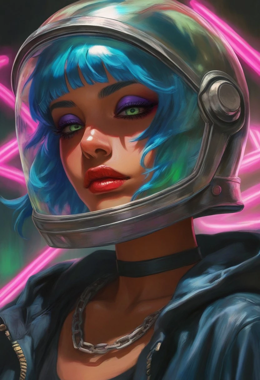 Femmes_ST, masterpiece, best quality, very aesthetic, high resolution, ultra-detailed, absurdres, newest, extremely detailed eyes, 1girl, solo, looking at viewer, short hair, bangs, jewelry, closed mouth, green eyes, blue hair, collarbone, jacket, upper body, choker, dark skin, hood, blunt bangs, necklace, dark-skinned female, lips, eyelashes, makeup, chain, piercing, eyeshadow, eyeliner, mascara, neon lights, translucent helmet, transparent helmet