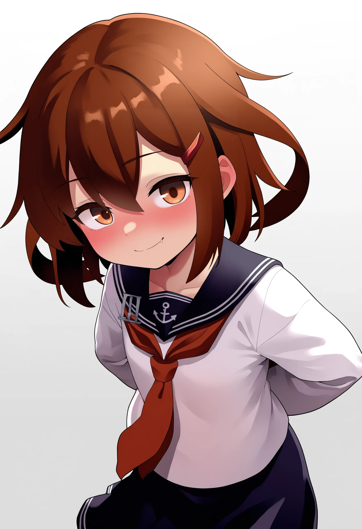 best quality, amazing quality, very aesthetic, absurdres,
1girl, ikazuchi \(kancolle\), brown hair, short hair, brown eyes, hairclip, fang,
anchor symbol, black sailor collar, long sleeves, neckerchief, school uniform, serafuku, pleated skirt,
hands behind back, smile, upper body, looking at viewer, solo, simple background, white background, <lora:IkazuchiNoobXL_byKonan:1>