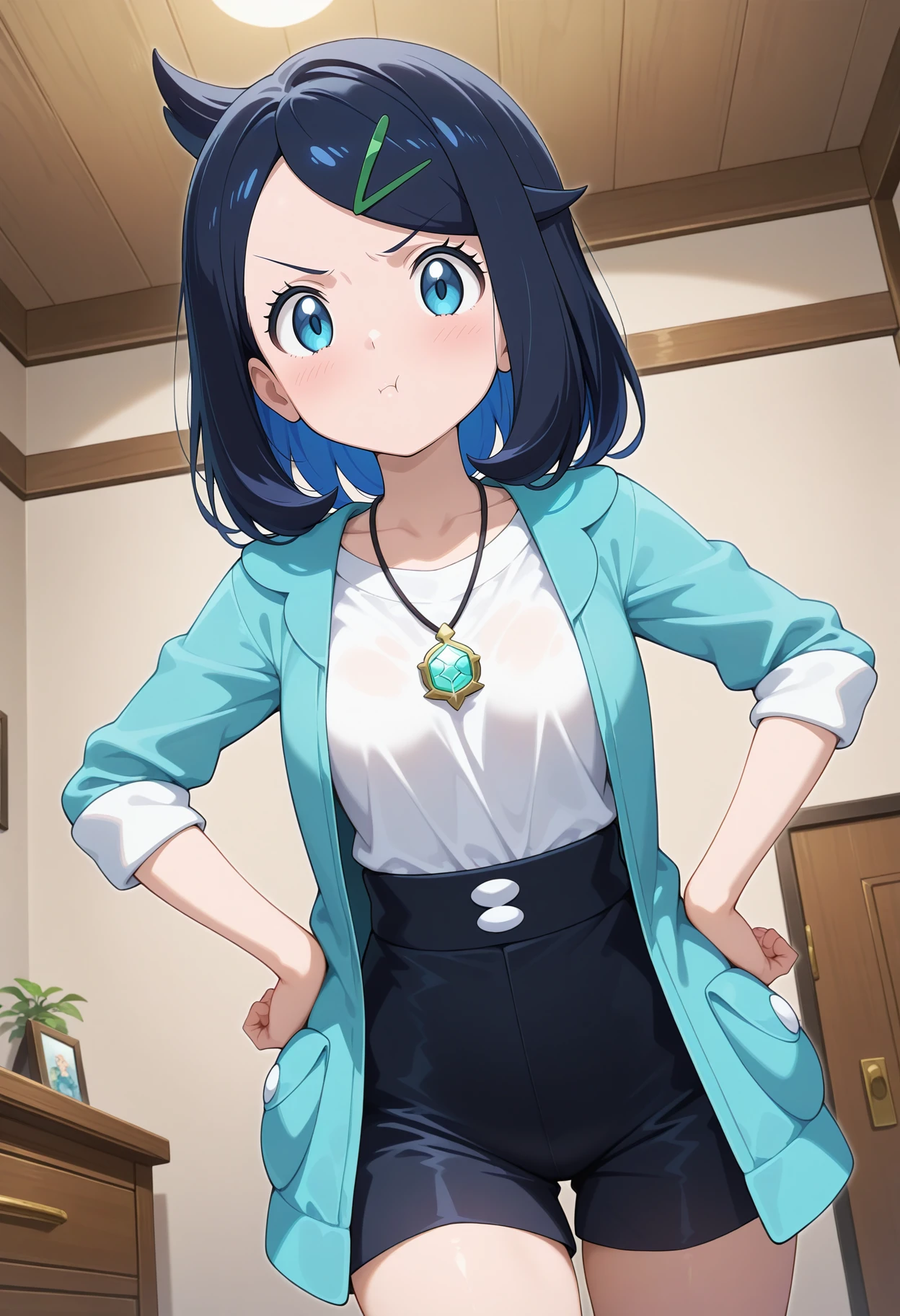 best quality, good quality, amazing quality, very aesthetic, absurdres, masterpiece, 1girl, aaliko, medium hair, black hair, colored inner hair, hairclip, blue eyes, collarbone, necklace, white shirt, blue jacket, open jacket, sleeves rolled up, high-waist shorts, black shorts, <lora:liko_(pokemon)_ilxl_v1:0.9>, standing, cowboy shot, standing, cowboy shot, indoors, room, pout, hands on own hips,