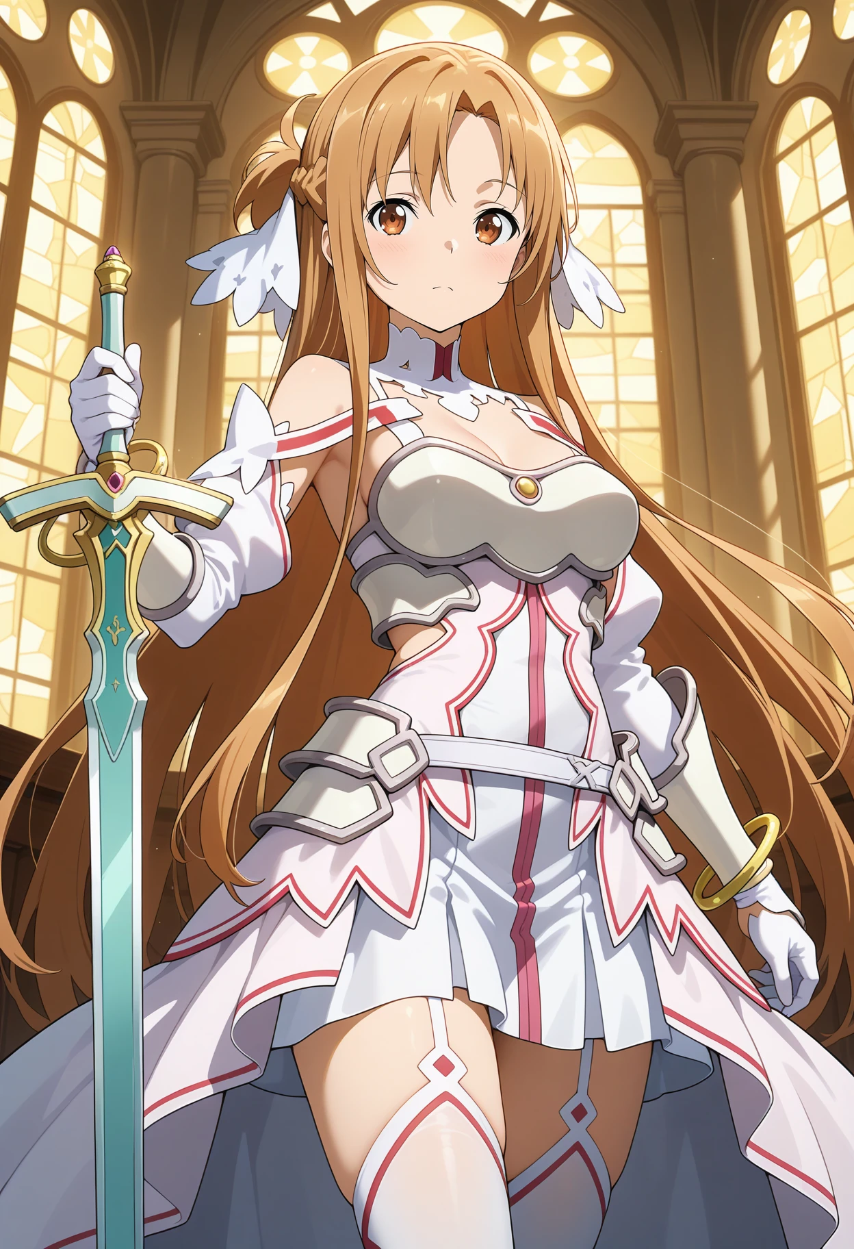best quality, good quality, amazing quality, very aesthetic, absurdres, masterpiece, 1girl, ddasuna, long hair, brown hair, braid, hair ornament, brown eyes, medium breasts, detached collar, armored dress, white dress, white armor, detached sleeves, white sleeves, bracelet, white gloves, garter straps, white thighhighs, <lora:yuuki_asuna_ilxl_v1:0.9>, holding sword, indoors, stained glass,