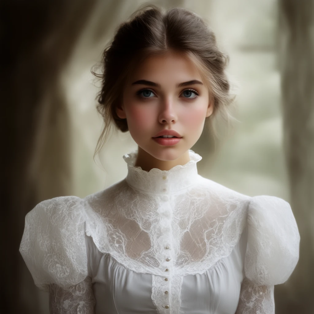 Portrait of a beautiful young woman. Conservative white lace. High collar. Alluring. Gazing at viewer lovingly. Chiaroscuro.
Atmospheric.
DarkAtmosCE_style