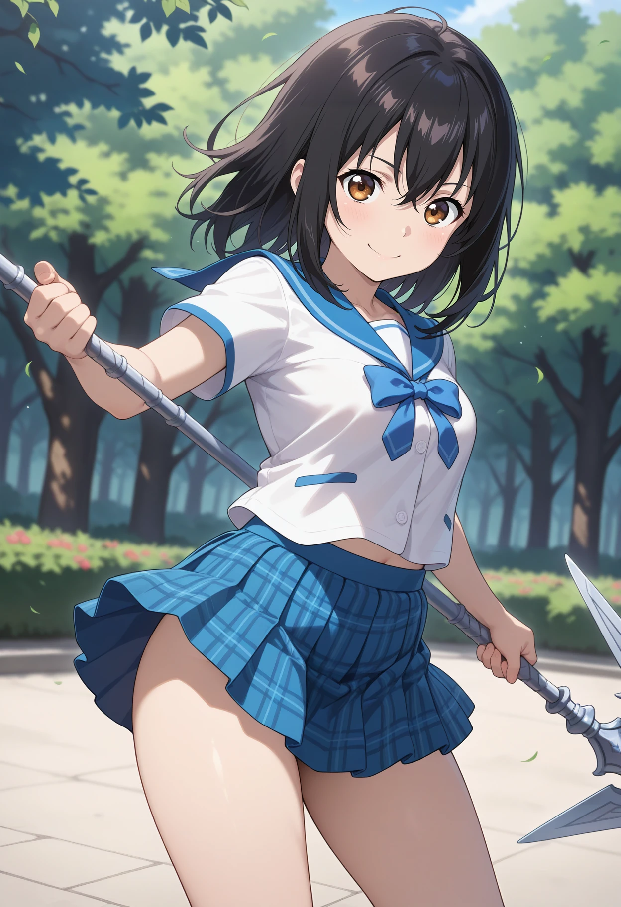 best quality, good quality, amazing quality, very aesthetic, absurdres, masterpiece, 1girl, aayukina, medium hair, black hair, brown eyes, school uniform, blue sailor collar, blue bow, white shirt, short sleeves, plaid skirt, blue skirt, <lora:himeragi_yukina_ilxl_v1:0.9>, standing, cowboy shot, holding weapon, polearm, spear, fighting stance, outdoors, smile,