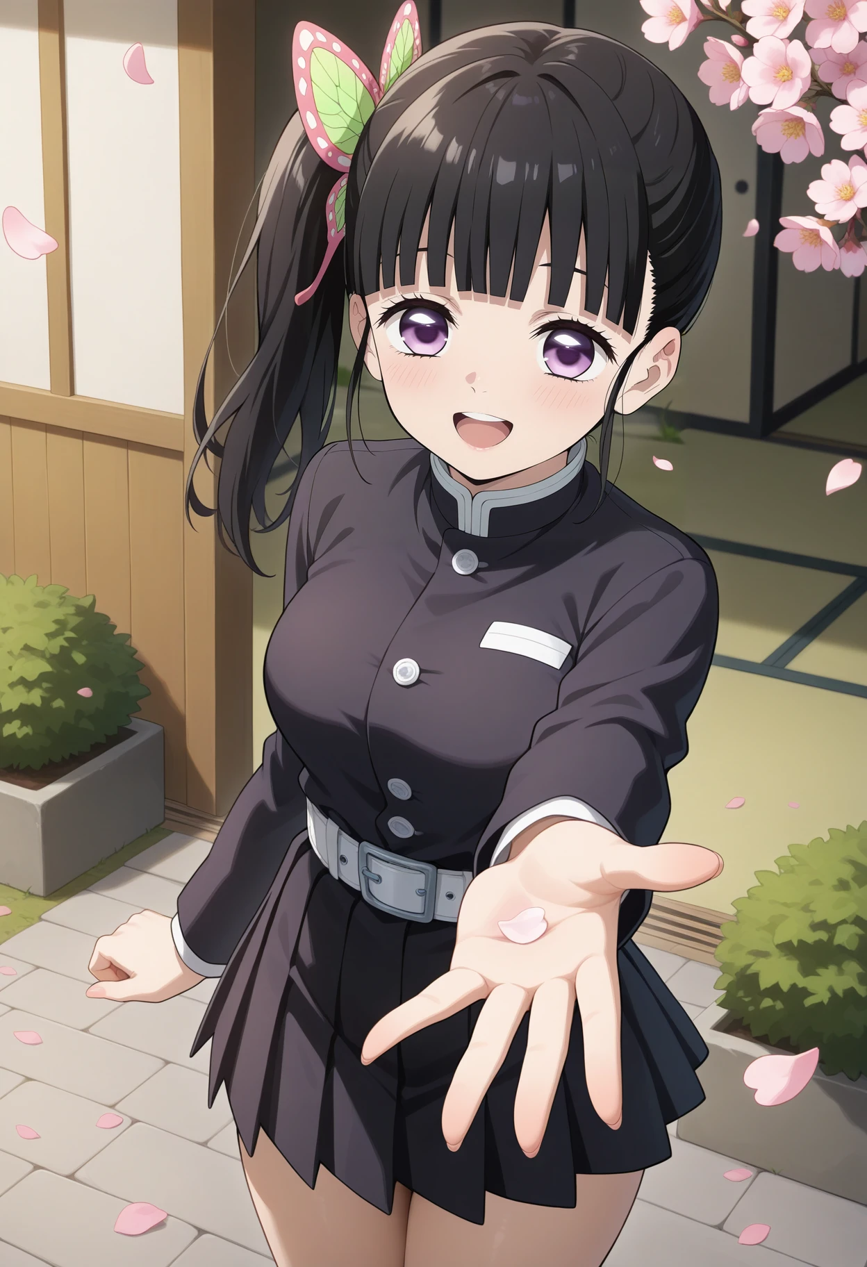 best quality, good quality, amazing quality, very aesthetic, absurdres, masterpiece, 1girl, aakanao, long hair, black hair, side ponytail, hair ornament, blunt bangs, purple eyes, medium breasts, black shirt, long sleeves, white belt, pleated skirt, black skirt, <lora:tsuyuri_kanao_ilxl_v1:1>, standing, cowboy shot, outdoors, smile, open mouth, reaching, petals,