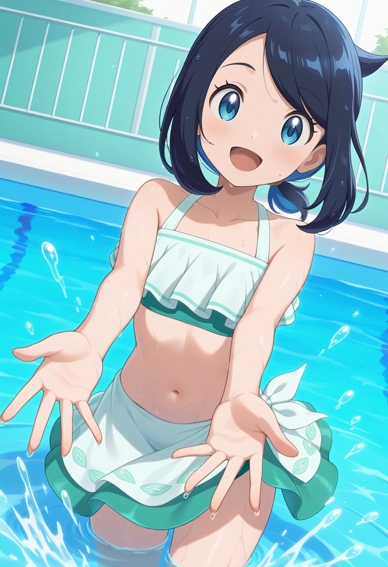 best quality, good quality, amazing quality, very aesthetic, absurdres, masterpiece, 1girl, aaliko, short hair, black hair, colored inner hair, short ponytail, blue eyes, collarbone, swimsuit, white bikini, sarong, bikini skirt, <lora:liko_(pokemon)_ilxl_v1:0.9>, partially submerged, pool, reaching, smile, open mouth, cowboy shot, splashing, wet,