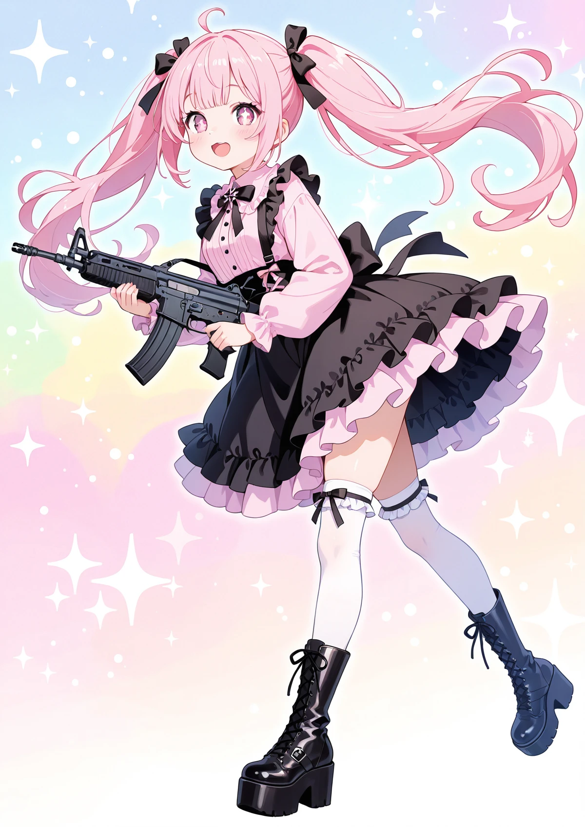 masterpiece,(bestquality),ultra-detailed,cute,(1girl),Jirai Kei fashion,detailed eyes,(bright pink hair),(large eyes:1.2),(cute pose:1.3),(Holding Howa Type 89 Assault Rifle:1.1),(focus on Howa Type 89 Assault Rifle:1.3),(Howa Type 89 Assault Rifle accurately and in detail depicted:1.4),pastel colors,(sparkling accessories),(frilly dress),(ribbon:1.1),(knee-high socks),(platform boots),playful expression,(colorful background:1.2),open mouth,<lora:add-detail-xl:1>,