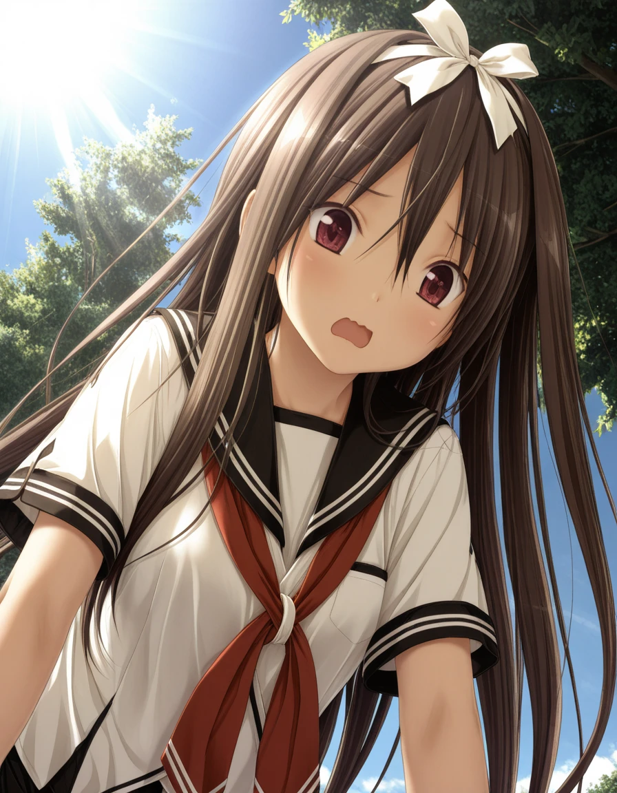 masterpiece, absurdres, best quality, aesthetic, 2.5d, <lora:KatsuPS_IllXL:1> BREAK KatsuPS, 1girl, long hair, shirt, white shirt, very long hair, short sleeves, open mouth, hair between eyes, outdoors, solo, school uniform, sailor collar, day, hairband, white bow, neckerchief, hair bow, floating hair, lens flare, serafuku, from below, red neckerchief, brown hair, ribbon, blush, white ribbon, leaning over, looking down, looking at viewer,, bow hairband, sunlight, red eyes, wavy mouth, hair ribbon, dutch angle