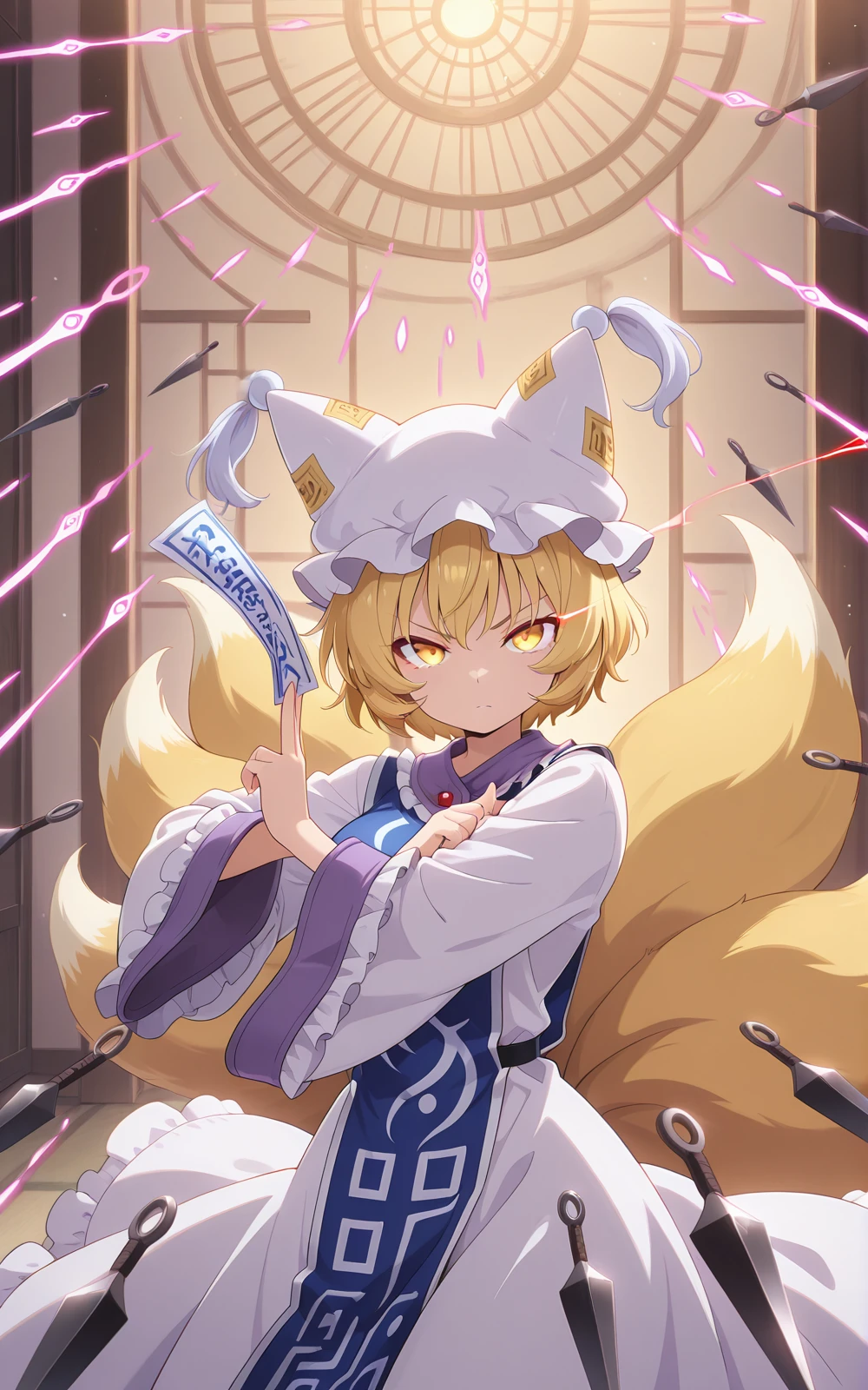 absurdres, highres, masterpiece, best quality, amazing quality, official anime artwork, screencap, anime screencap, dynamic pose, light particles, looking at viewer, danmaku, kunai, 
 <lora:Yakumo-Ran_Illustrious:1> yakumo ran, 1girl, solo, yellow eyes, blonde hair,  short hair, multiple tails, fox tail, fox ears,, hat, white headwear, ofuda, tabard, white dress, long dress, frills, long sleeves, wide sleeves, hands hidden in sleeves, 
serious, glowing eyes, glowing eye trail, eye trail,