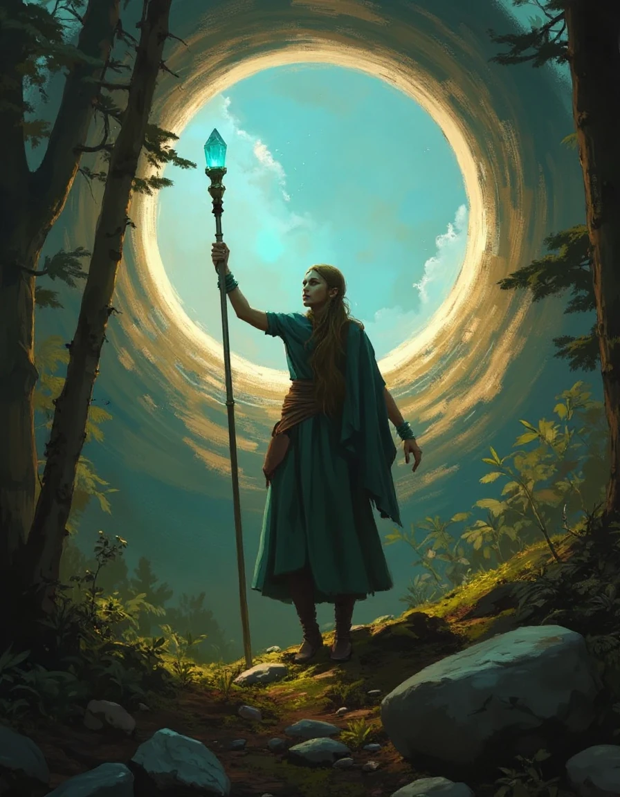 fantasy painting of a female magic-user in a forest clearing holding her crystal-topped staff aloft casting magic to summon a portal, glowing magic trails light dust. Large circular glowing magic frames a glimpse of a distant alien land
