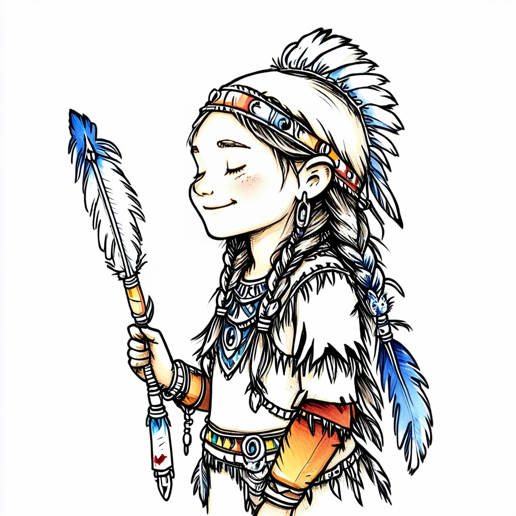 ArsMJStyle, Whimsical Mechanica, Line Drawing, The image is a black and white illustration of a young girl with long hair. She is wearing a traditional Native American outfit with a headdress and a feather quill pen in her right hand. The headdress is made up of various items such as beads chains and feathers. The girl has a peaceful expression on her face and is looking off to the side. She appears to be in a contemplative pose. The overall style of the illustration is whimsical and dreamlike., 1girl, solo, braid, closed eyes, smile, quiver, weapon, long hair, jewelry, arrow (projectile) <lora:Whimsical_Mechanica_Line_DrawingSDXL:1>