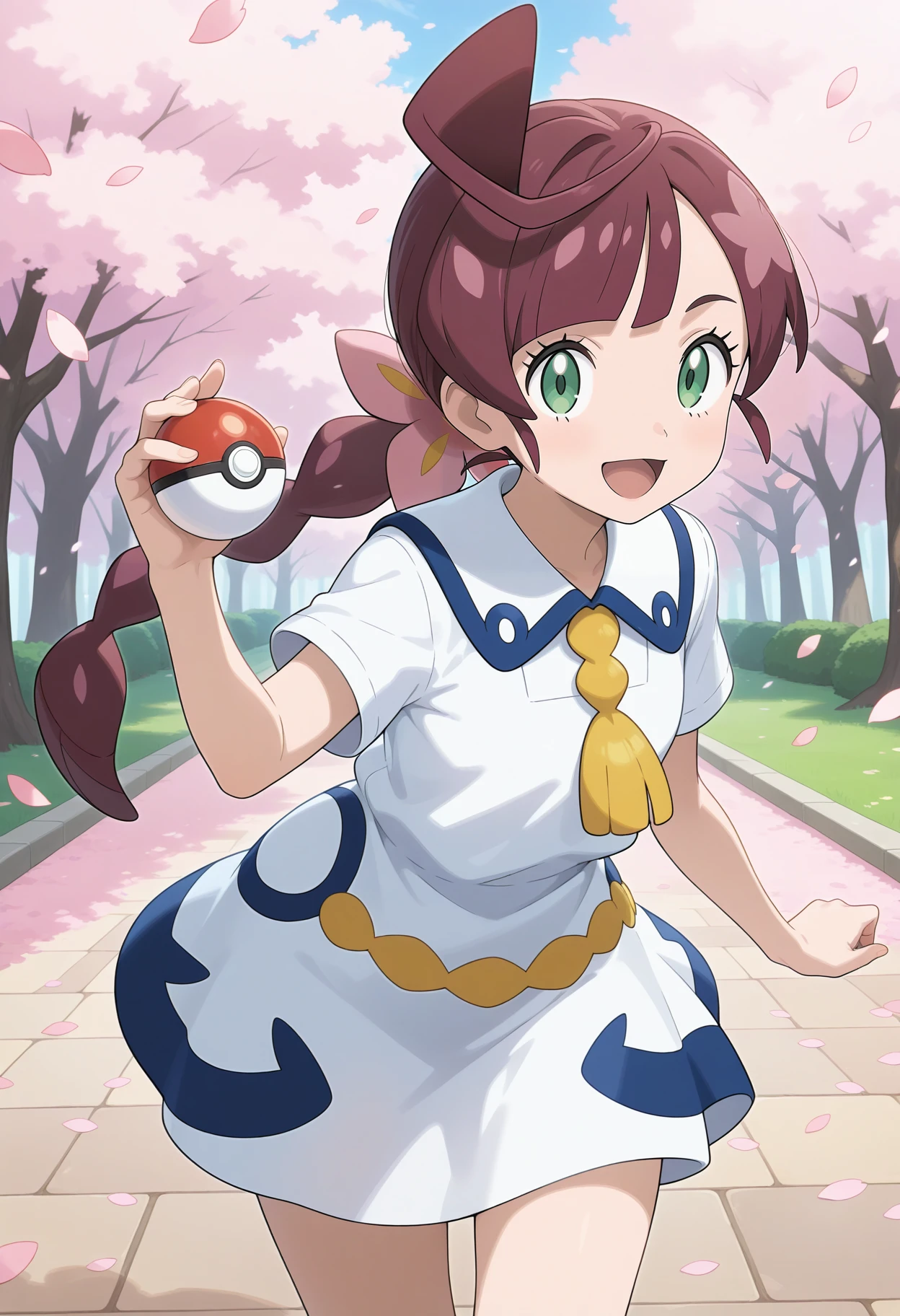 best quality, good quality, amazing quality, very aesthetic, absurdres, masterpiece, 1girl, aachloe, long hair, brown hair, braided ponytail, ahoge, green eyes, school uniform, neck tassel, collared dress, white dress, short sleeves, <lora:chloe_(pokemon)_ilxl_v1:0.9>, standing, cowboy shot, outdoors, smile, open mouth, holding poke ball, petals, hand up,