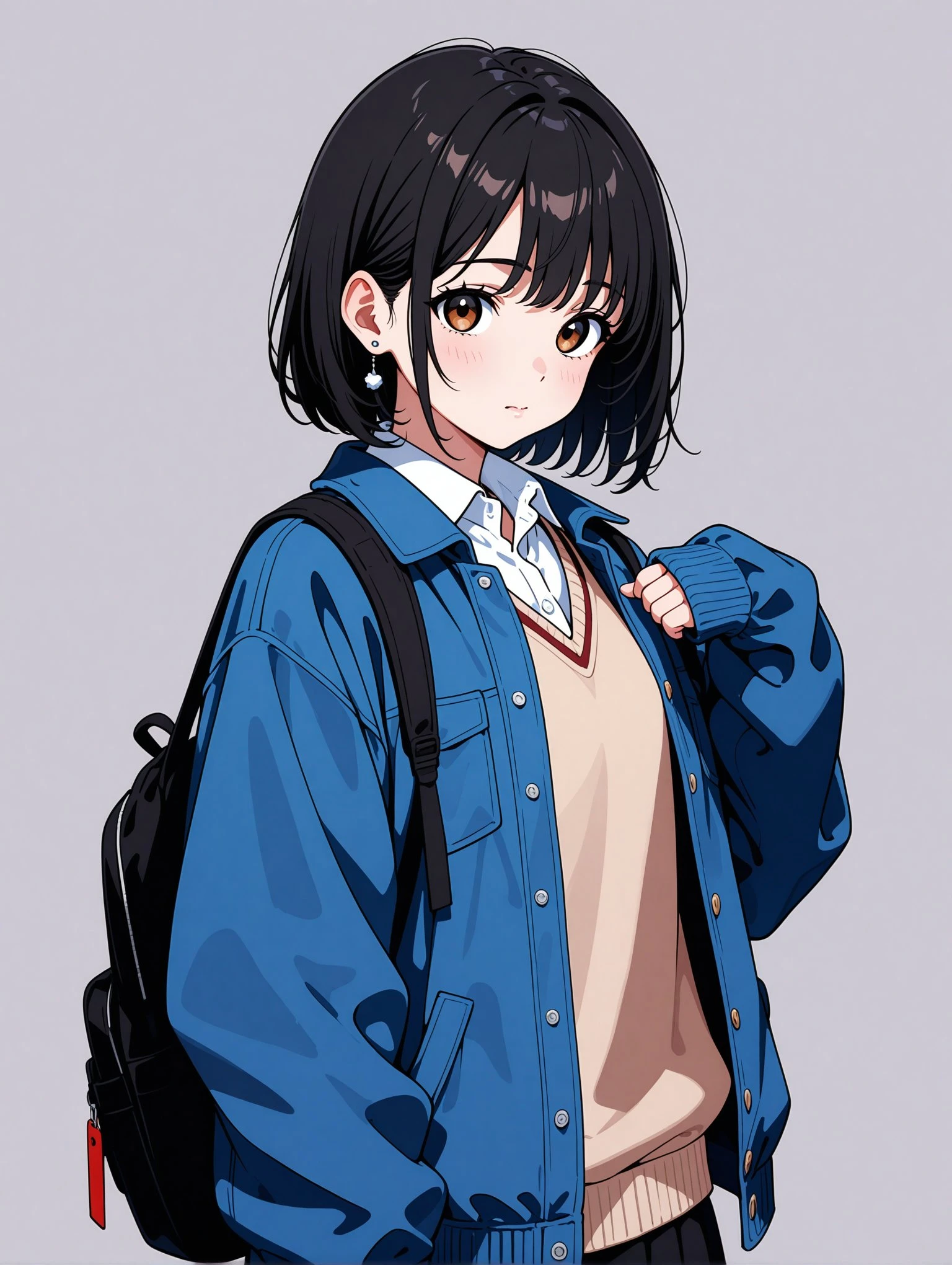 1girl,, bag, black hair, blue jacket, closed mouth, earrings, jacket, jewelry, long sleeves, looking at viewer, open clothes, open jacket, red eyes, shirt, short hair, sleeves past fingers, sleeves past wrists, solo, sweater vest, upper body, v-shaped eyebrows, white shirt