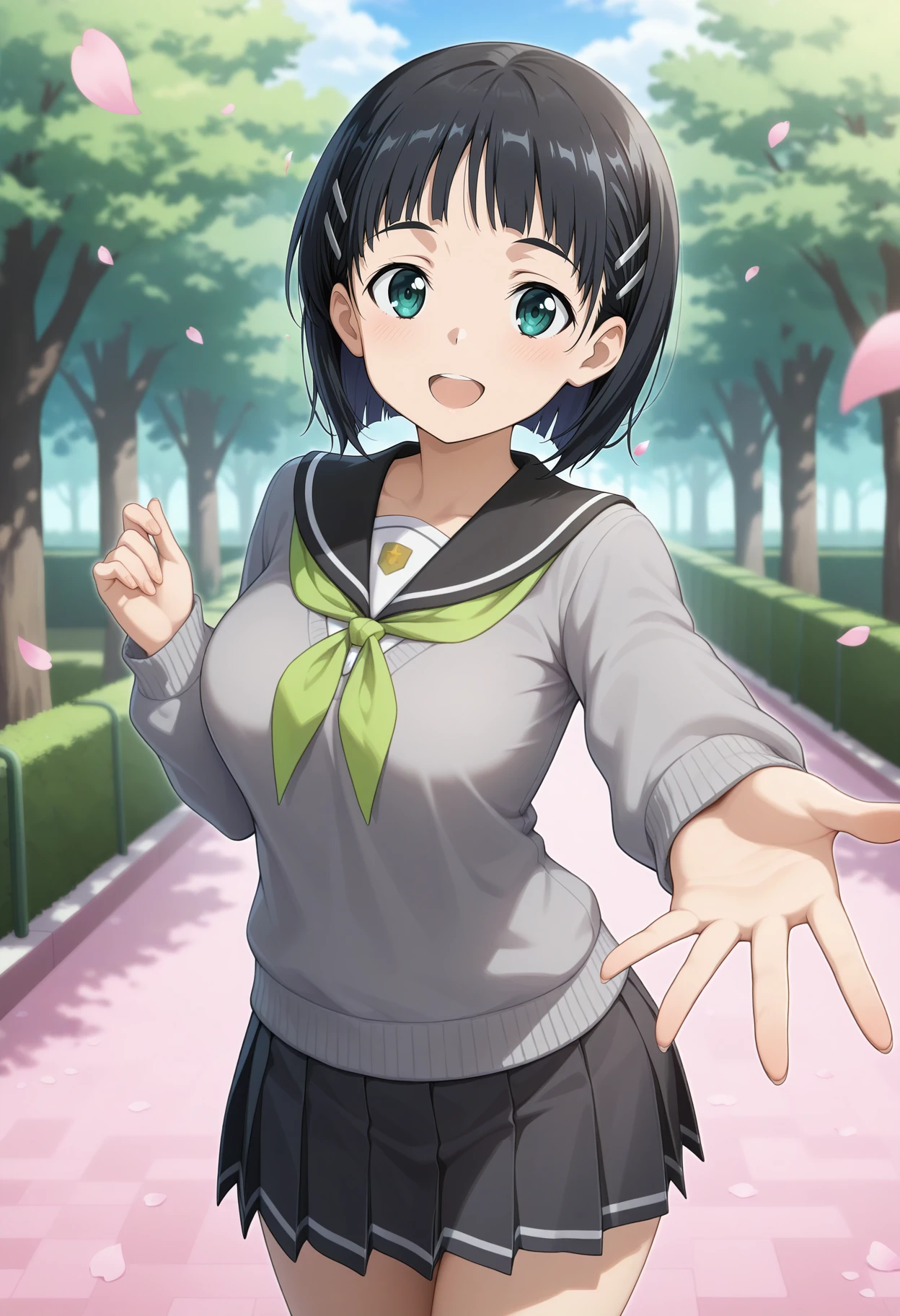 best quality, good quality, amazing quality, very aesthetic, absurdres, masterpiece, 1girl, aasuguha, short hair, black hair, hairclip, green eyes, breasts, school uniform, black sailor collar, green neckerchief, grey sweater, long sleeves, pleated skirt, black skirt, <lora:kirigaya_suguha_ilxl_v1:1>, standing, cowboy shot, park, smile, open mouth, reaching, petals,
